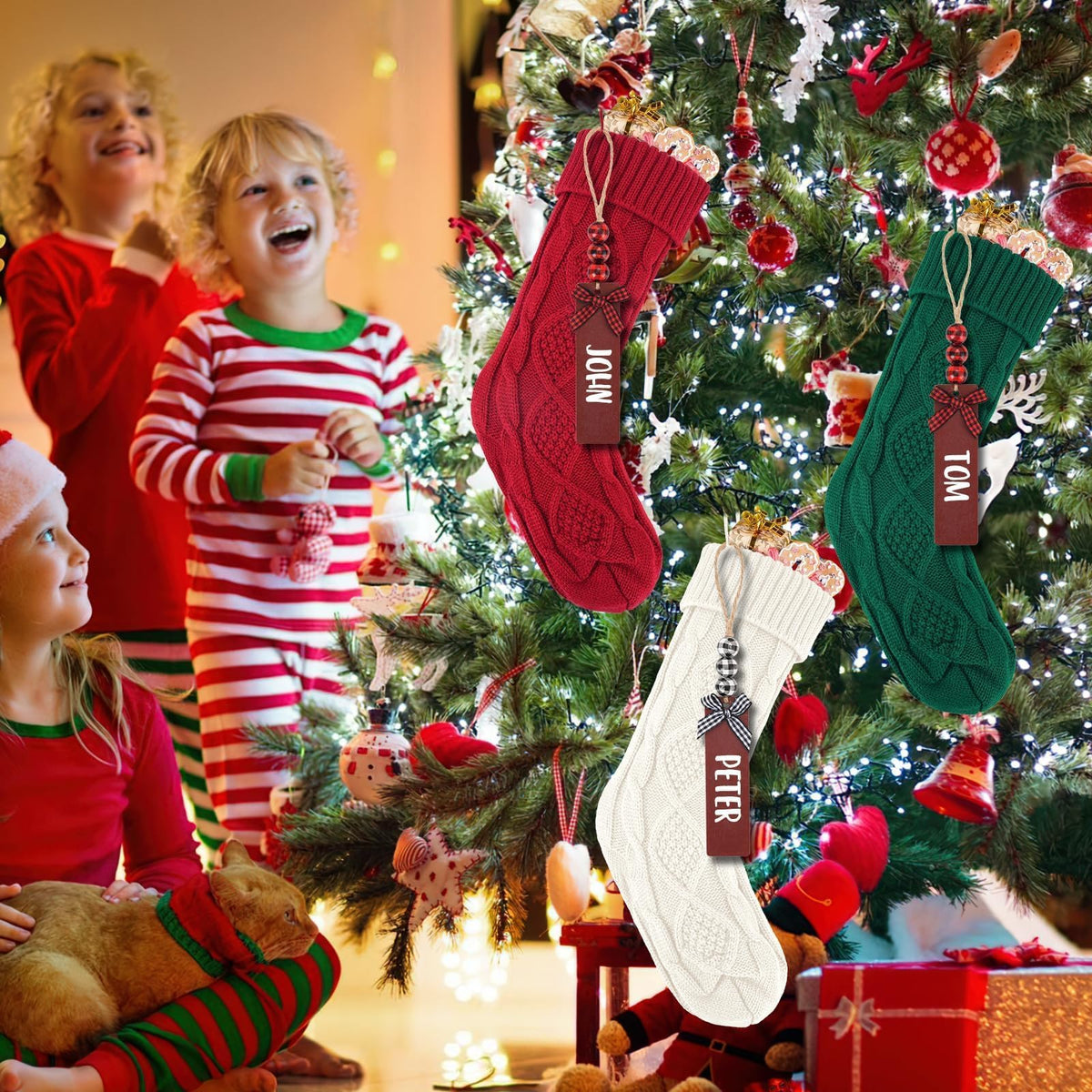 DigiGlow 6PACK 18Inch Cable Knitted Christmas Stockings, Personalized Hanging Stockings for Holiday Party, Christmas Tree, and Family Home Decor in Red, White, Green
