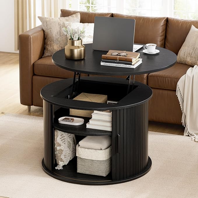 FABATO Round Lift Top Coffee Table, Fluted Wood Accent Coffee Table