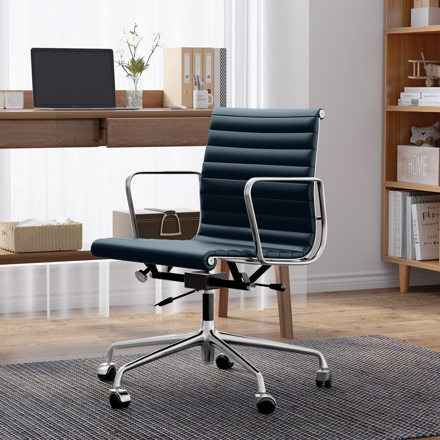 OTDMEL Ribbed Office Chair with Top Grain Leather - Mid Back Ergonomic Desk Chair with Aluminum Arms & Frame, Swivel Wheels & Tilt Function, Adjustable Height Dark Blue
