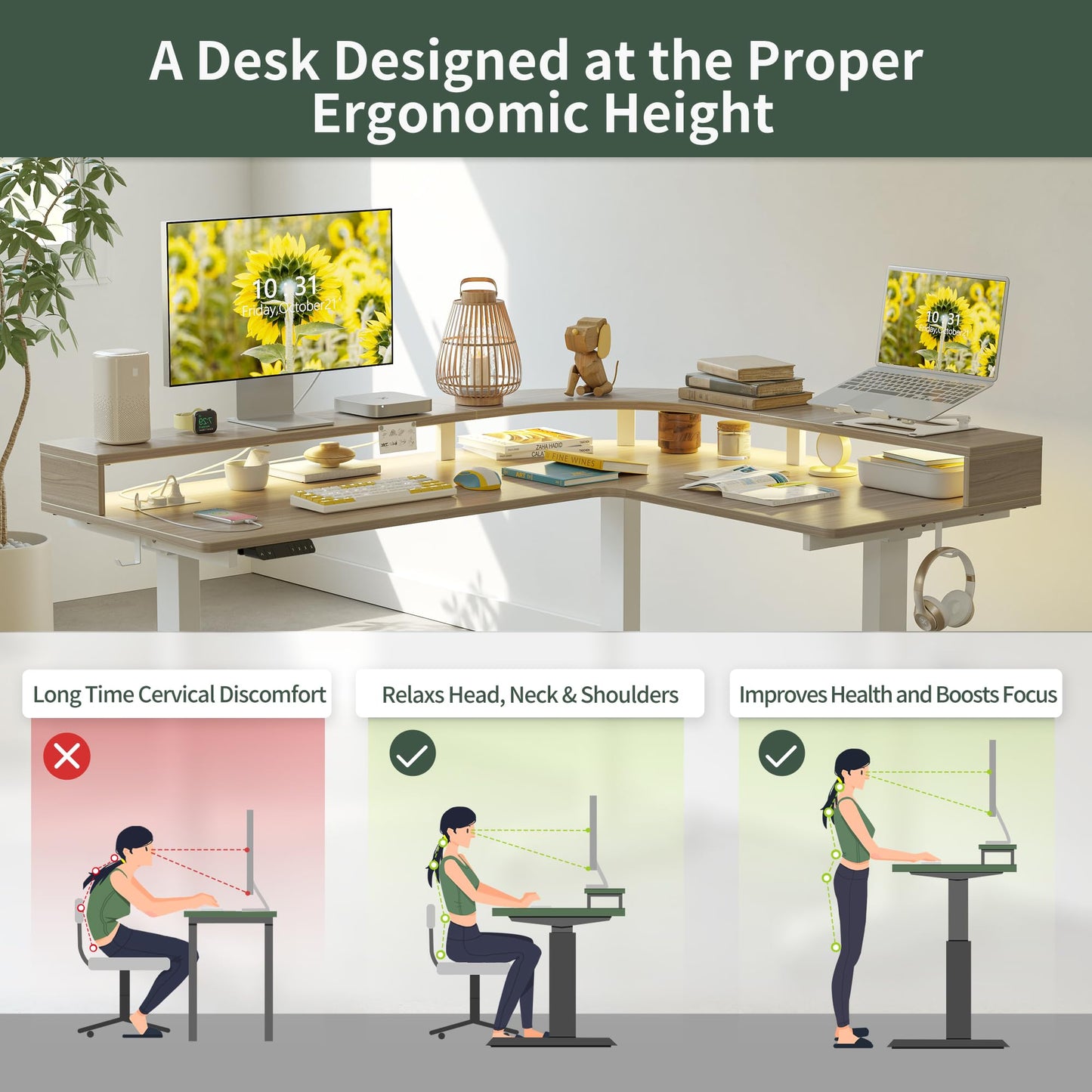 FEZIBO 63"x49" L Shaped Standing Desk with Arc LED & Power Outlet, Electric Height Adjustable L Shaped Computer Desk with Monitor Stand, for Gaming Office, Light Walnut