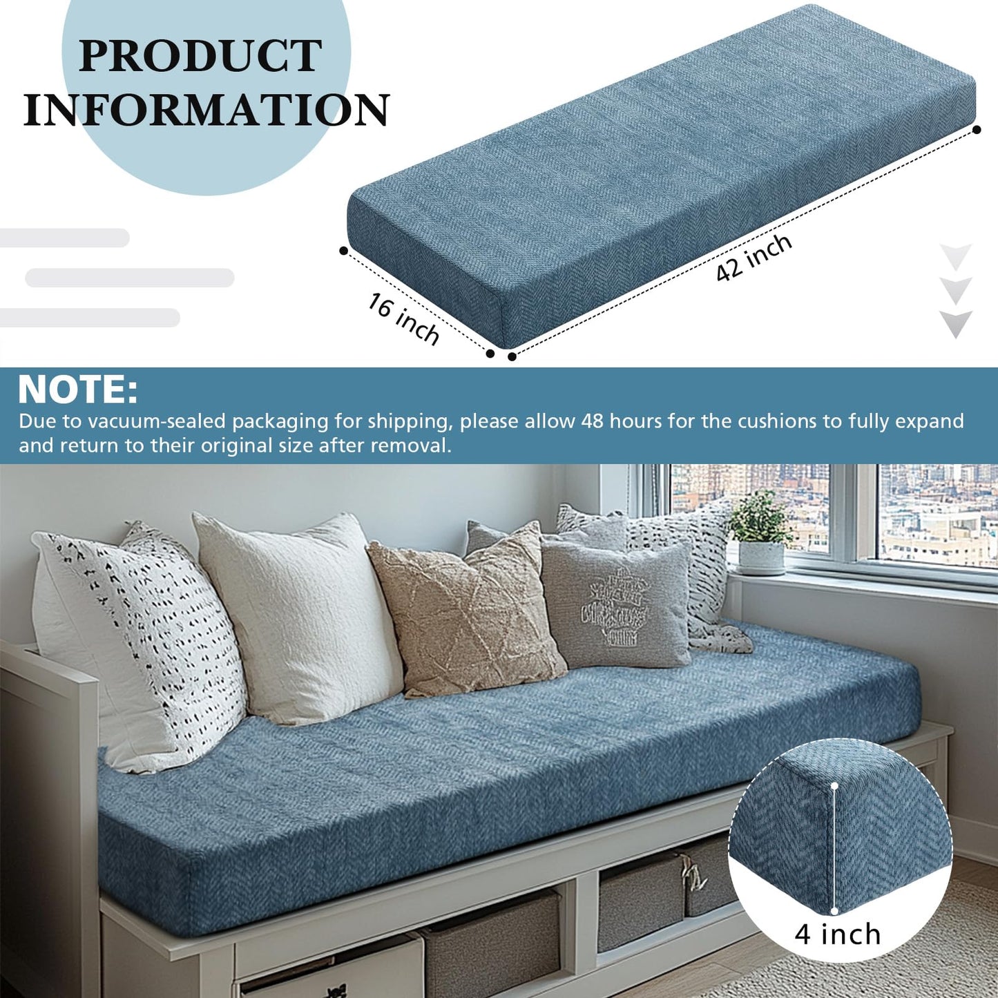 Leinuosen Bench Cushion 42x16x4 Inch for Indoor Furniture Weaving Texture Chenille Kitchen Bay Window Non Slip Seat Cushion Tufted Thicken Pad for Patio Porch, Mudroom Entryway (Haze Blue)