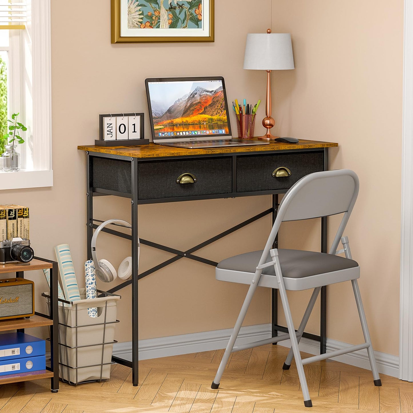 DAOUTIME Small Writing Desk for Kids Bedroom, 31.5 Inch Computer Desk for Small Spaces, Simple Desk with 2 Fabric Drawers for Home Office, Dorm, Living Room, Home Study Table, Rustic Brown