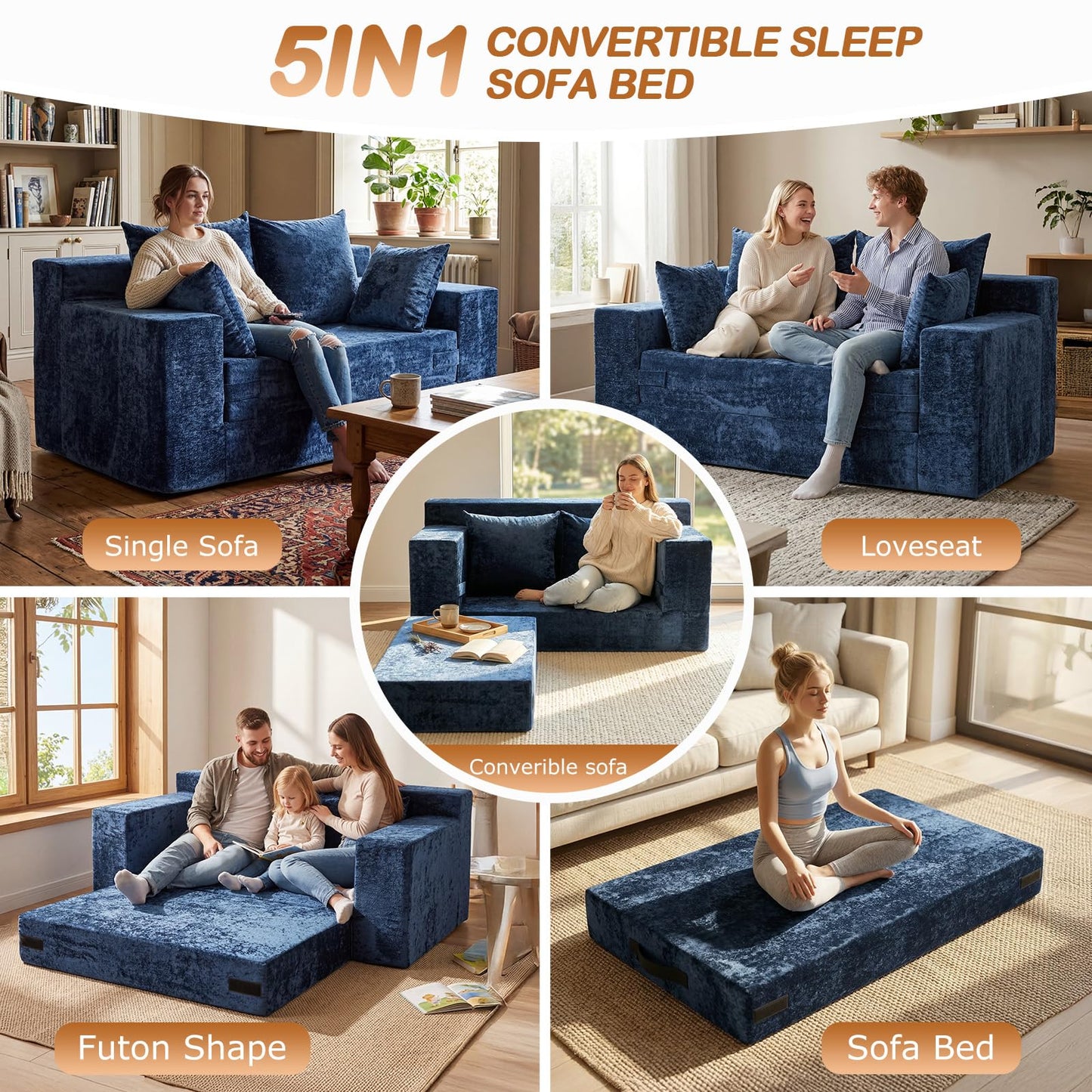 AOLVDOW Convertible Sofa Bed, 5 in 1 Small Boneless Couch Pull Out Loveseat Sleeper Sofa,Corduroy Futon Couch Folding Mattress with 4 Pillows for Living Room