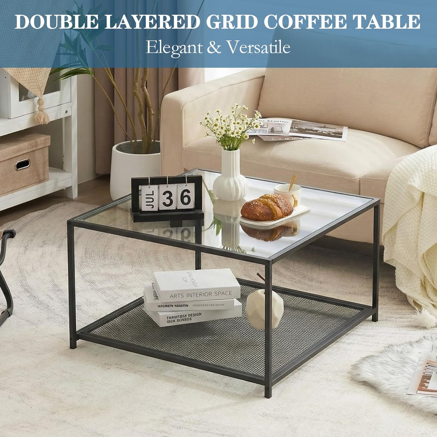 Black Glass Coffee Table, Square Coffee Tables with Storage Shelf, Simple Tea Cocktail Modern Center Tables for Small Space, Living Room, Easy Assembly, 26 * 26in（Black）