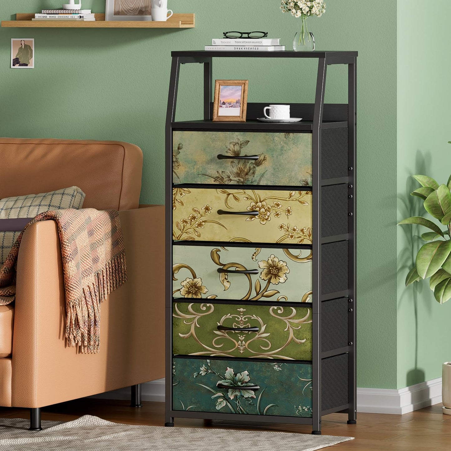 Furnulem Retro 5 Drawers Dresser, Tall Dressers for Bedroom, Closet, Hallway, Nursery, Fabric Storage Tower Organizer, Vertical Nightstand Side Table Furniture, Steel Frame, Wood Top