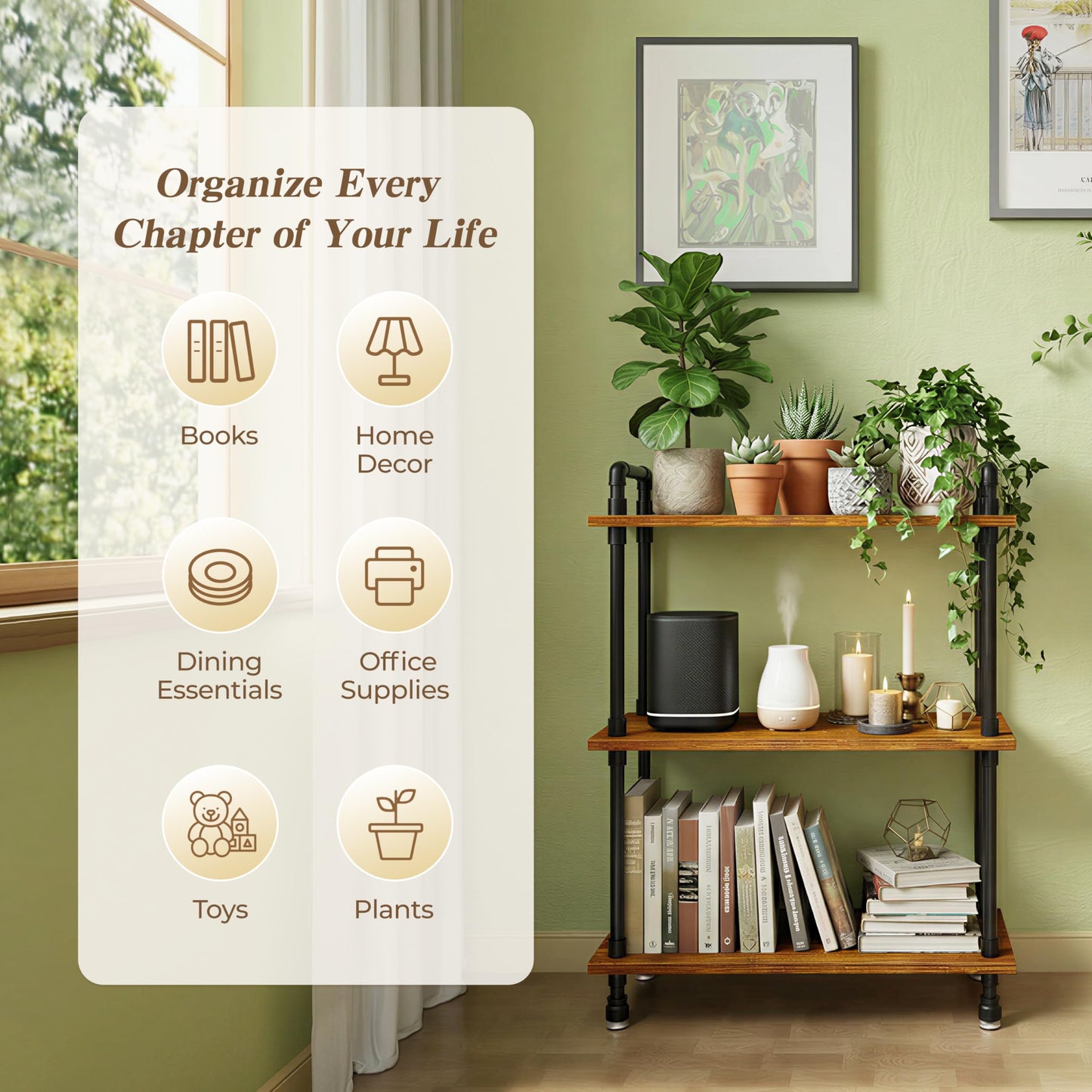 Anynice Industrial Bookshelf, Rustic Open Bookcase, 3 Tier Wood and Metal Bookshelves, Solid Pine Wood and Iron Pipe Storage Shelf Narrow Small Space Organizer for Living Room Office Bedroom Kitchen