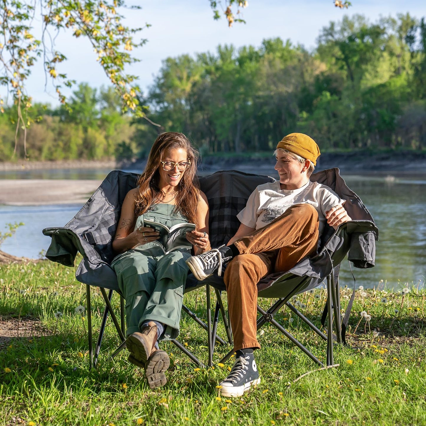 Double Camping Chairs Padded Loveseat Chair for 2 Person - Heavy Duty Oversized Camping Couch for Adults Outdoor Lawn Beach - Portable Folding Sofa with Cup Holders and Carry Bag, Grey