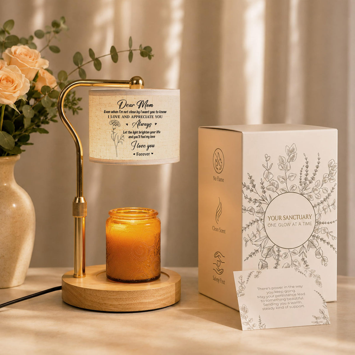 GIFTELIX Candle Warmer Lamp with Timer Dimmable - Dear Mom - Christmas Birthday Gift for Women Mom Mother from Daughter Son - Adjustable Height Wax Flameless Melter with 2 Bulbs - Cozy Home Decor