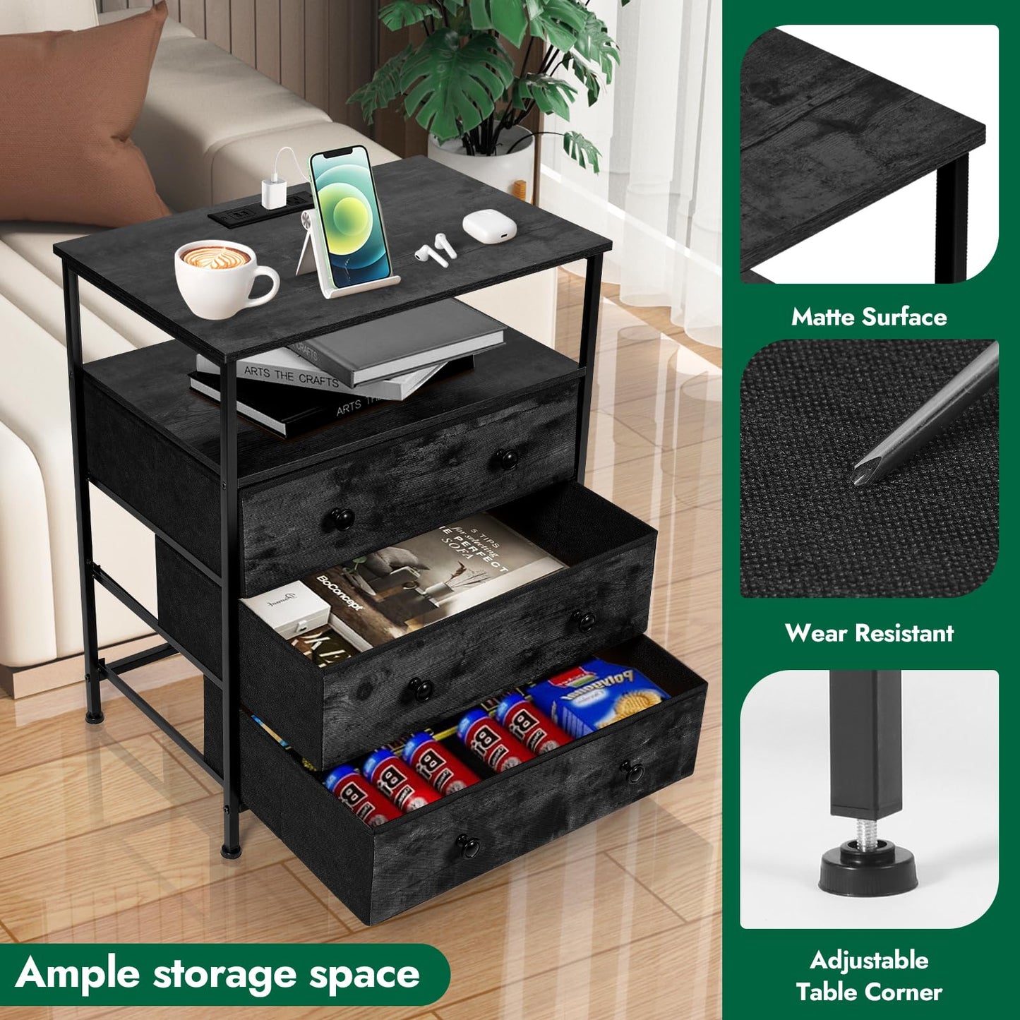 PATAVOT 3 Drawers Dresser with Charging Station, 24 Inch Wide LED Night Stand with Adjustable Fabric Drawer, Nightstand with Storage Shelf for Living Room/Bedroom/Office, Black.