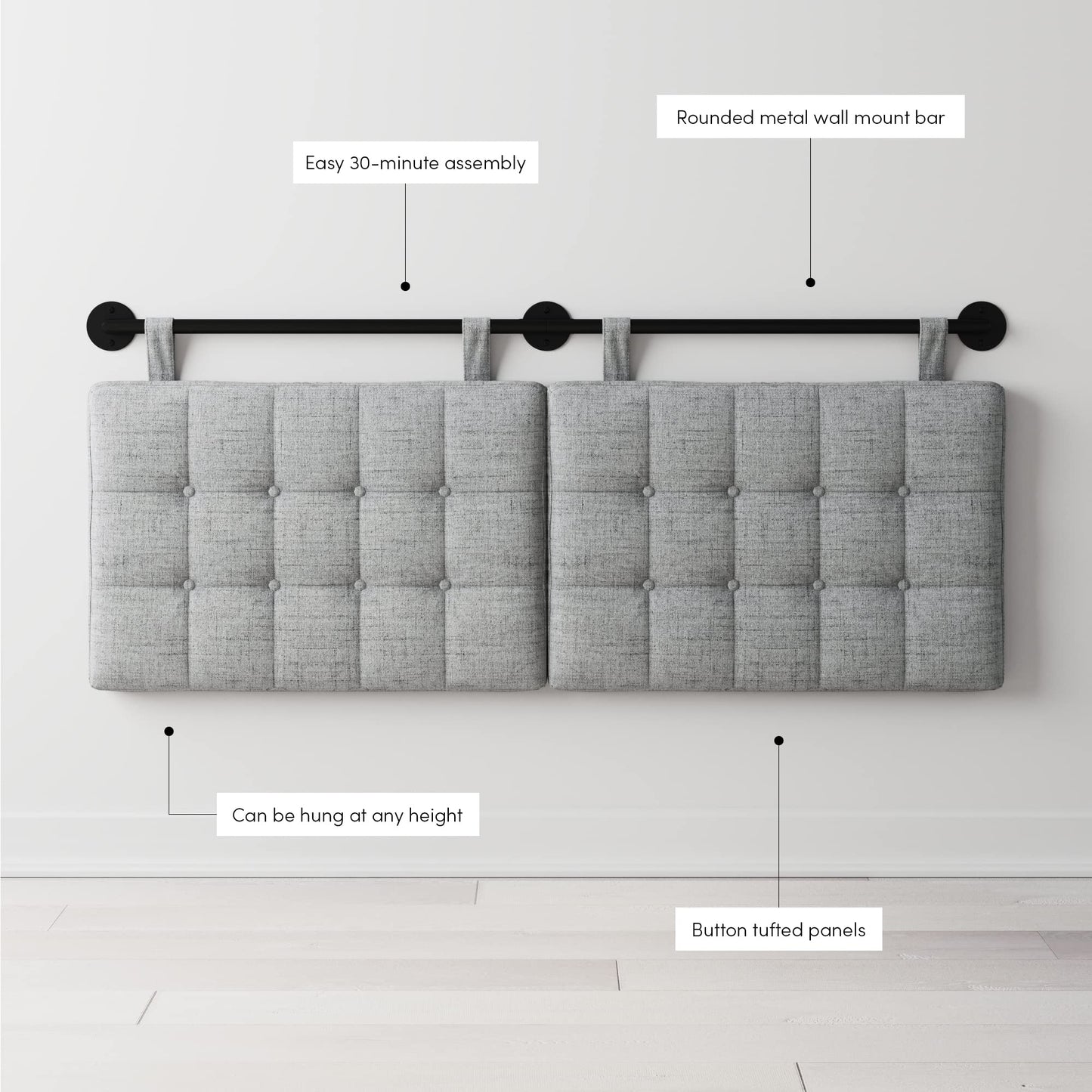 Nathan James Remi Queen Size Grey Button Tufted Wall Mount Headboard, Padded Upholstered Fabric Panels, Adjustable Height Straps with Black Matte Metal Rail, Grey/Black