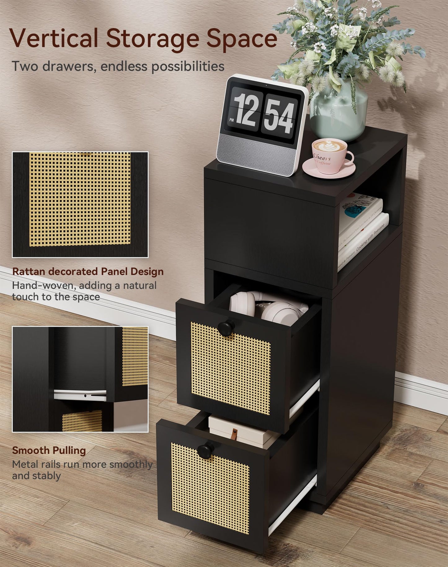YMYNY Rattan Nightstands Set of 2, Boho Bedside Table with Open Shelf, 2 Drawers, 9.45" x 11.42" x 25.59", Narrow Side Table, Bedside Cabinet for Bedroom and Small Spaces, Black UHST017B-2