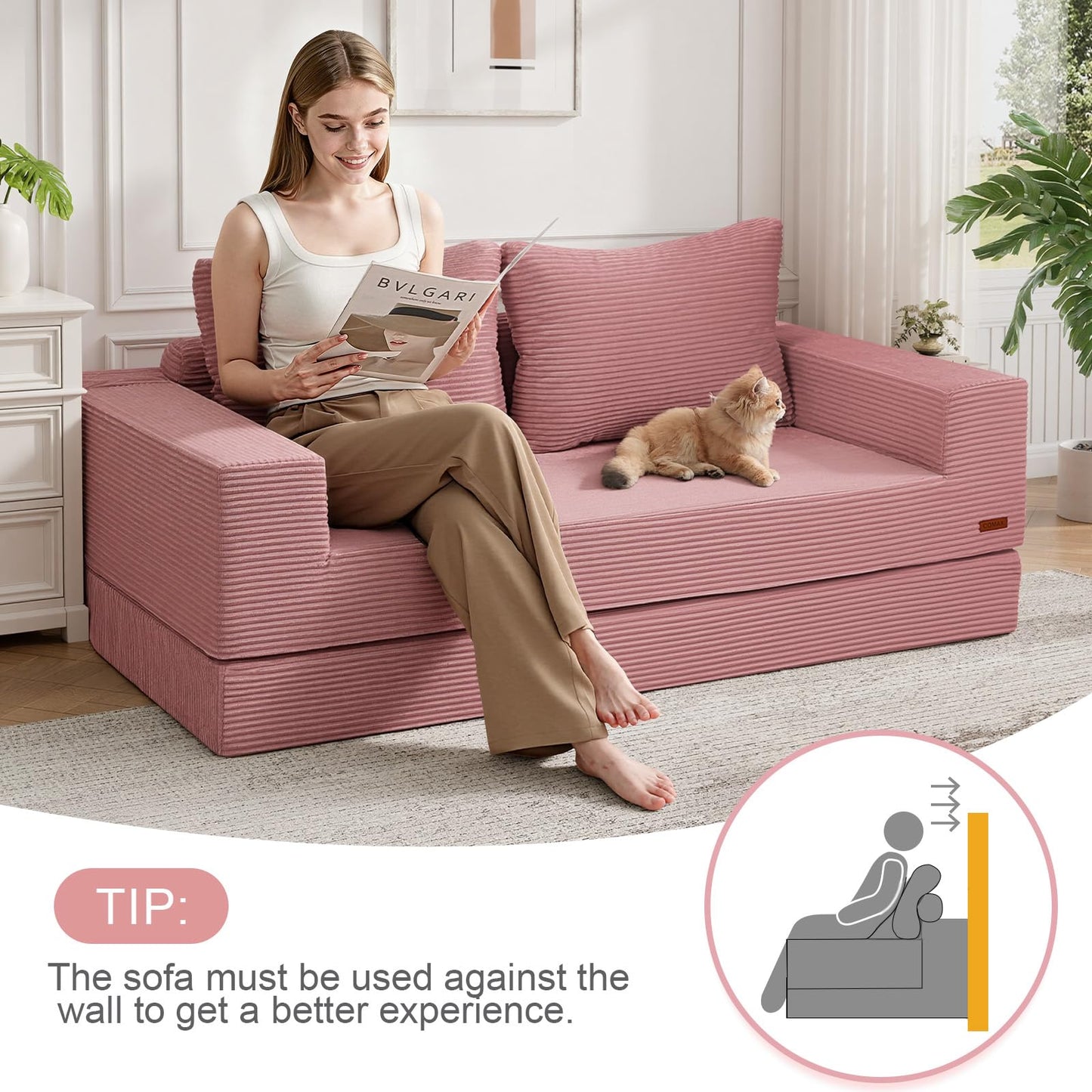 COMAX Convertible Sofa Bed Queen, Corduroy Folding Floor Couch Pull Out Couch Bed Futon Sleeper with Pillows, Fold Out Boneless Sofa Comfy Lounge Mattress Loveseat for Living Room Bedroom, Pink
