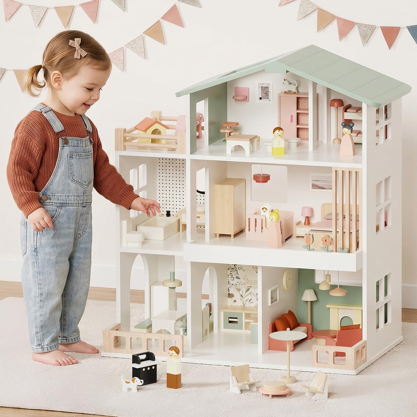 Fabuday Modern Wooden Dollhouse for Kids Girls - 8 Rooms Doll House Playset, DIY Pretend Toy Play Houses Kits with 81 Pcs Furniture Accessories, Dolls & Pets, Gift for Toddlers Ages 3+