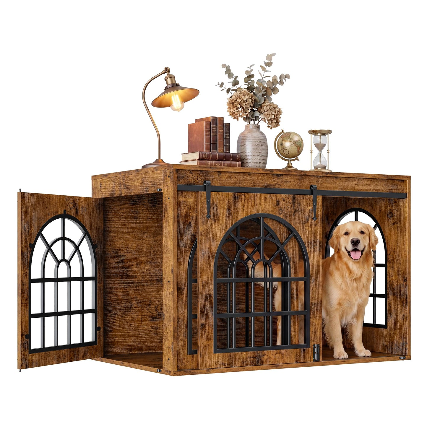 IRONCK 45.1" Dog Crate Furniture with Sliding Barn Door – Mid-Century Modern Wooden Dog Kennel, 2-in-1 TV Stand & Console Table with 3 Hooks, Chew-Resistant, Brown