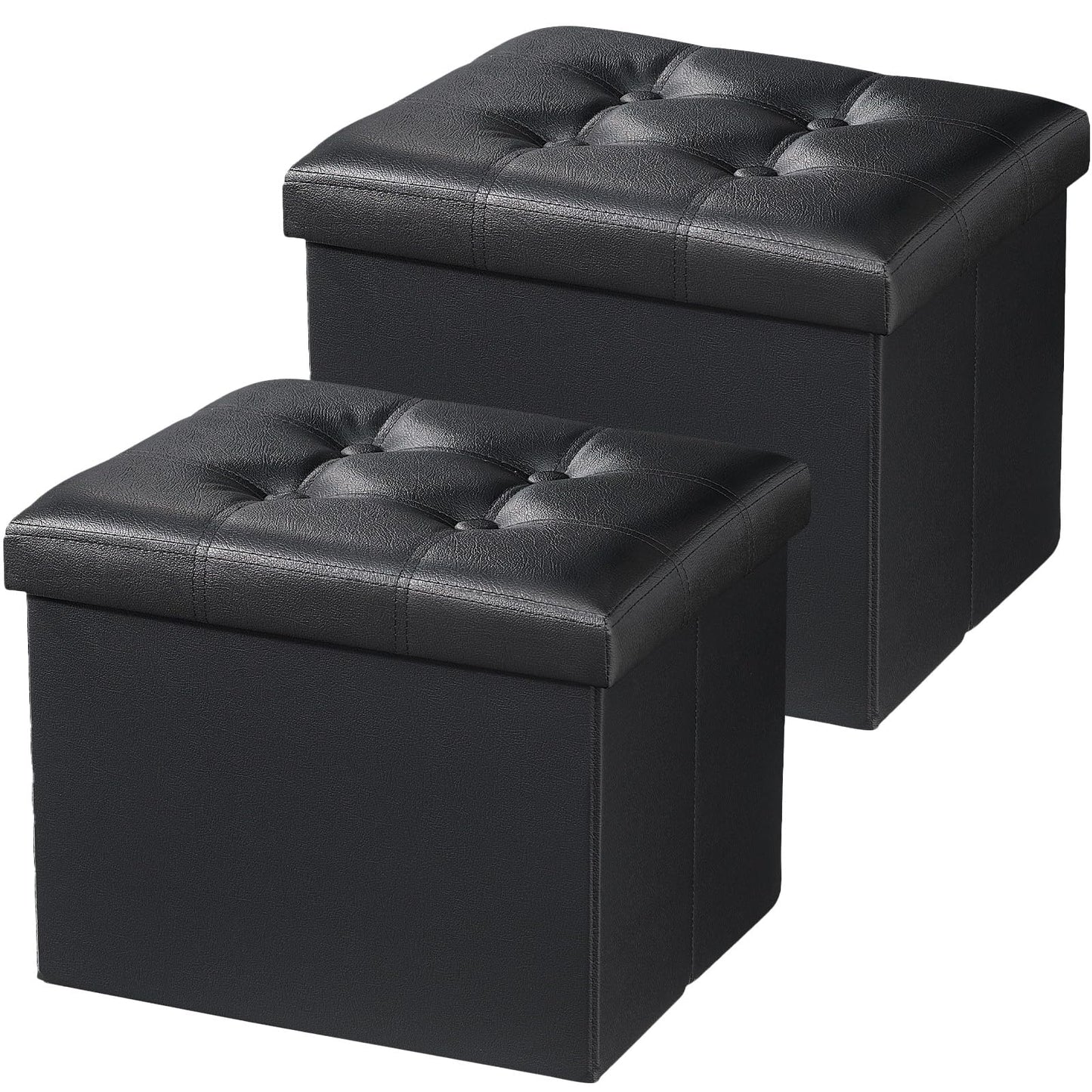 AmasSmile Storage Ottoman Folding Foot Rest Stool, Leather Footstool Bench, Short Ottoman Stool, Storage Foot Rest Store, Books (Black-2pc, 17" D x 13" W x 13" H)