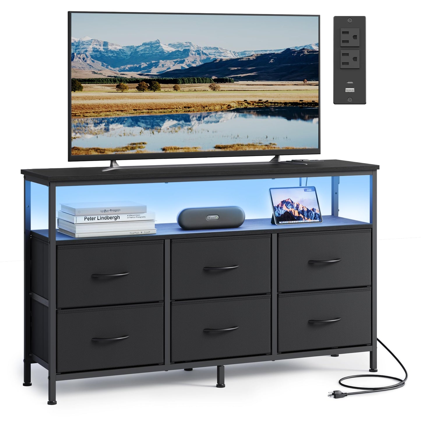 SONGMICS BELLAH Collection - Dresser for Bedroom, Chest of Drawers, TV Stand for TVs Up to 55 Inches, Living Room, Closet, 6 Drawers and 1 Shelf, Modern, Ink Black ULGS833BH02S