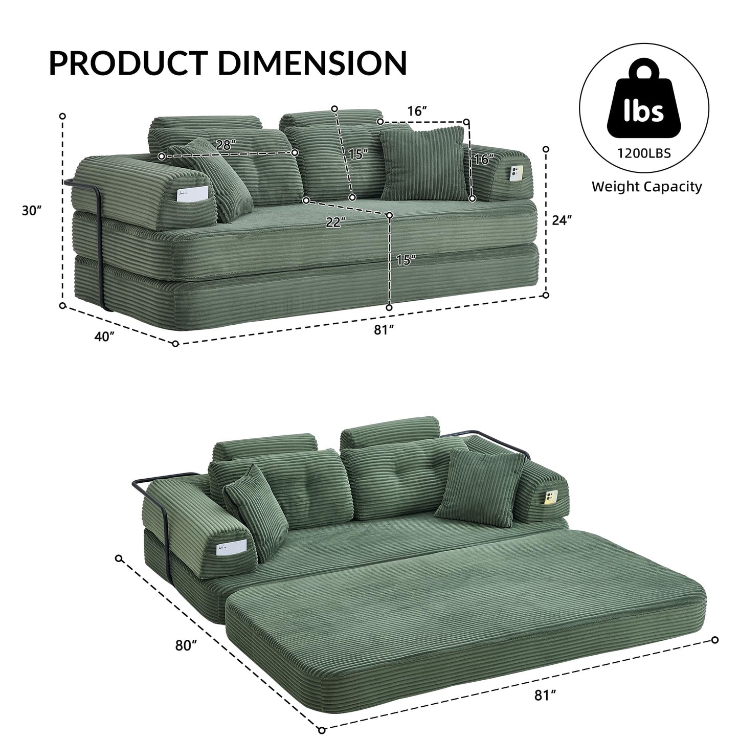 Boneless Floor Sofa, 3-in-1 Convertible Loveseat Sleeper Futon, Modular Small Space Couch Bed with High Headrests & Side Storage Pockets & 2-in-1 Pillow Blanket for Living Room, No Assembly, Bedroom