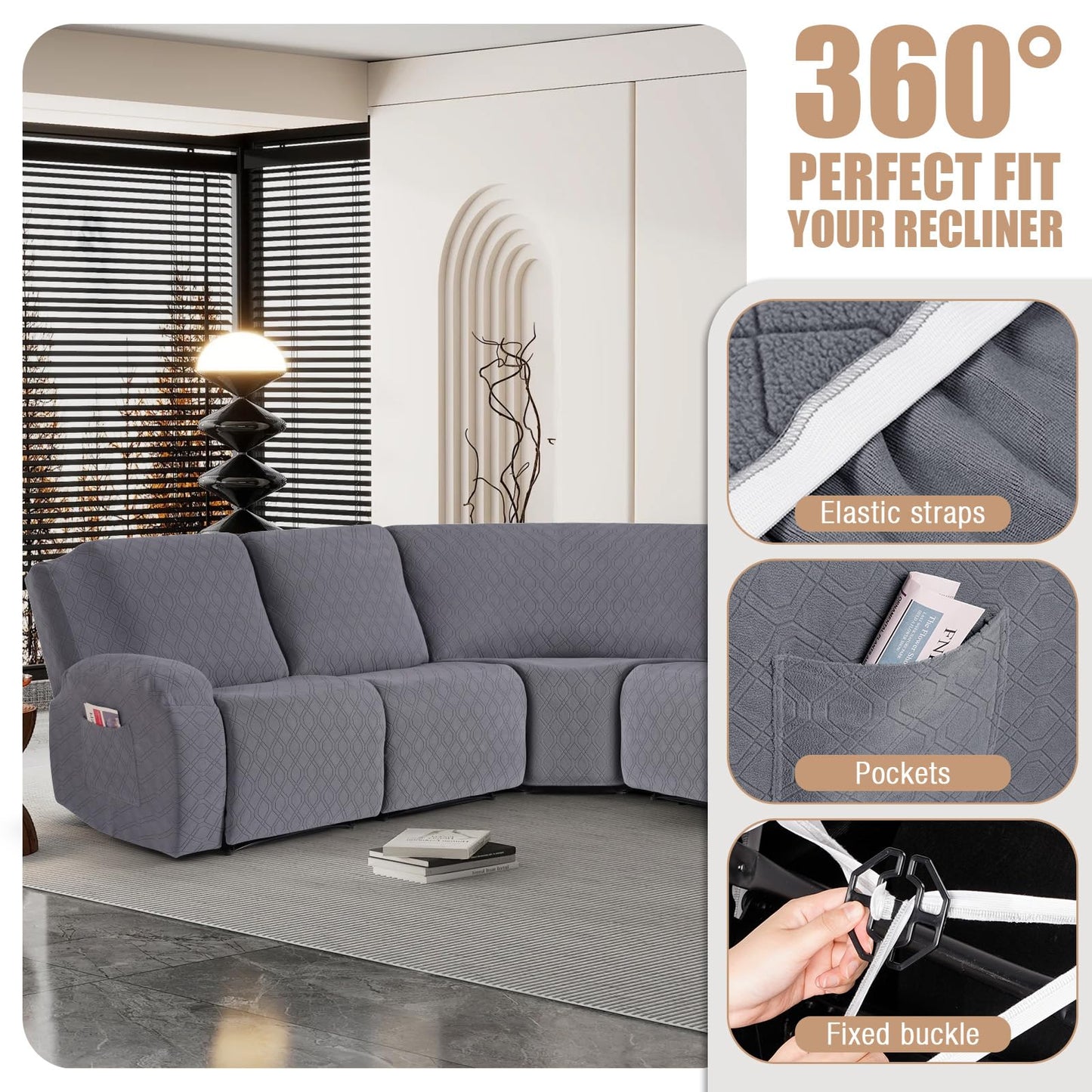 VANSOFY Extra Large Reclining Sectional Couch Covers, Washable 5-Piece Sofa Covers for L Shape Sectional Sofa Corner Seater, Thick, Soft Sofa Slipcovers (5 Seat Recliner Cover, Dark Gray)