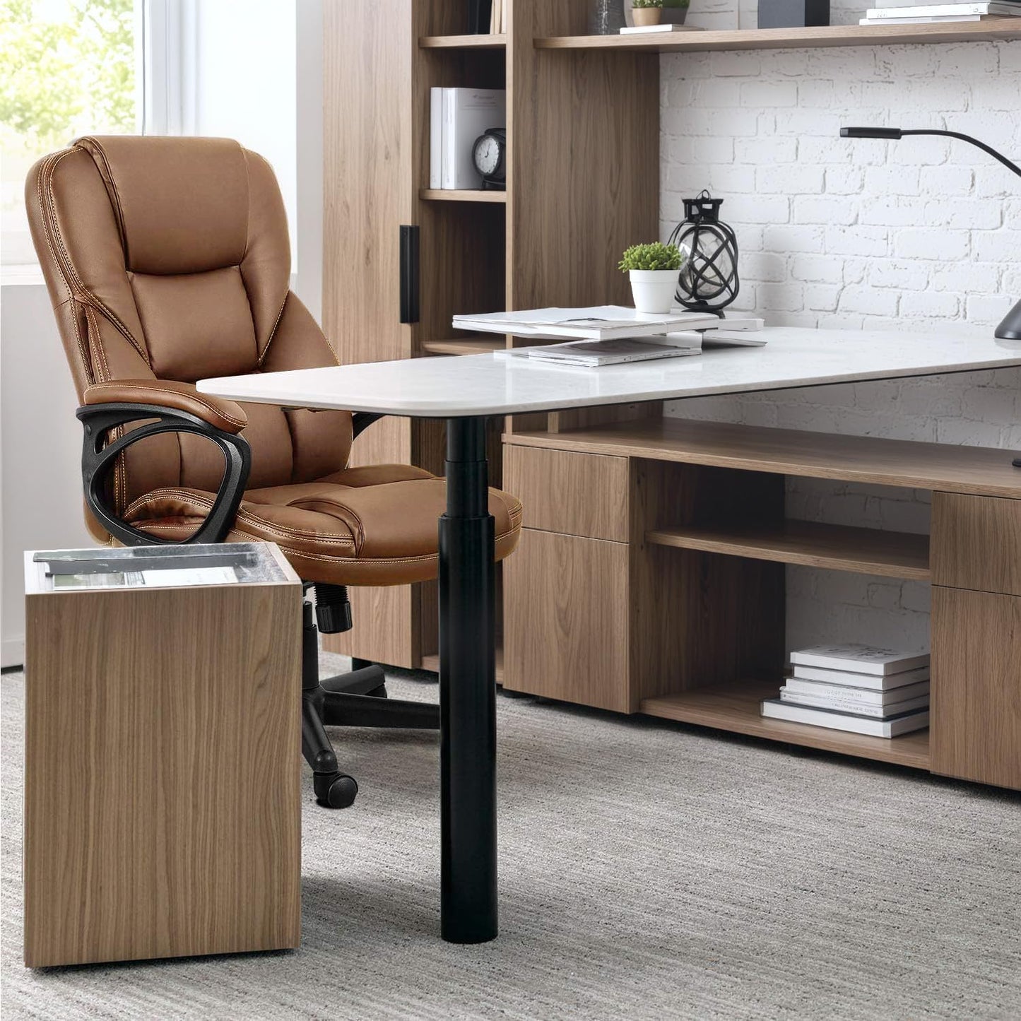 Furmax Office Executive Chair High Back Adjustable Managerial Home Desk Chair, Swivel Computer PU Leather Chair with Lumbar Support (1, Light Brown)