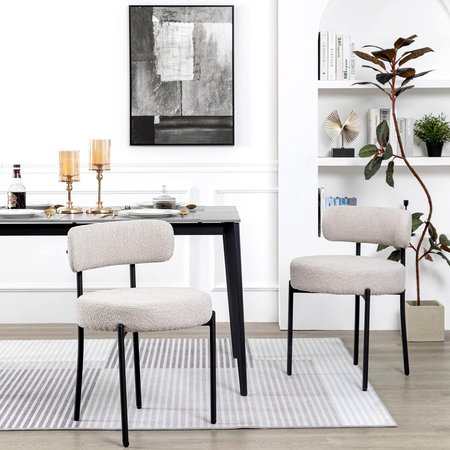 DYHOME Light Grey Boucle Dining Chairs Set of 2, Mid Century Modern Upholstered Kitchen Chairs with Curved Backrest and Black Metal Legs