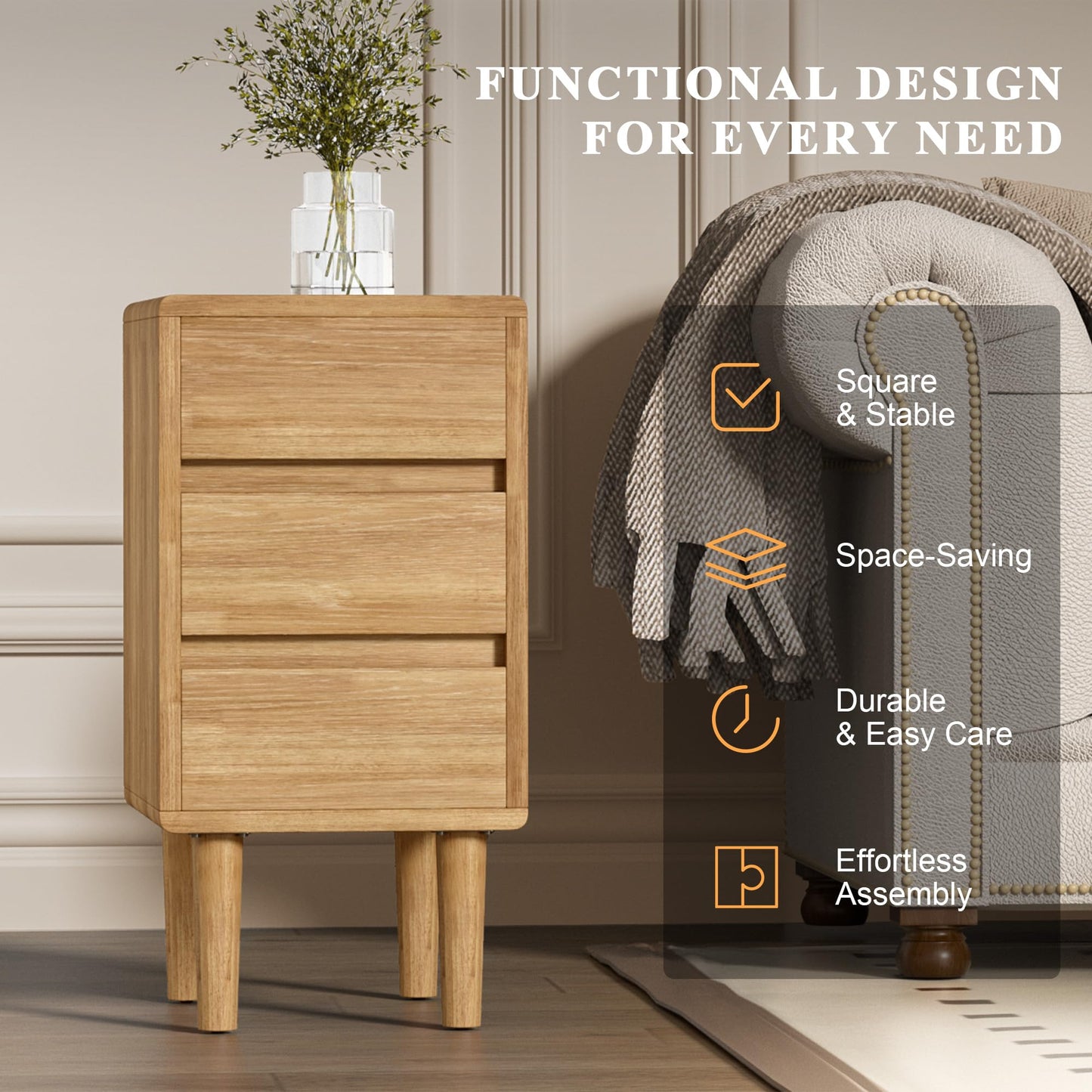 Nightstand with 3 Drawers Narrow Night Stand Solid Wood Bedside Table Mid Century Modern Nightstand Wooden End Table for Bedroom, Study, Office