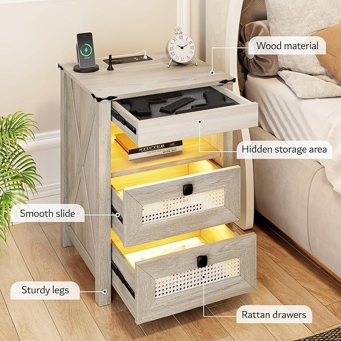 Farmhouse Night Stand with Gun Drawer, Bedside Table with Charger Station