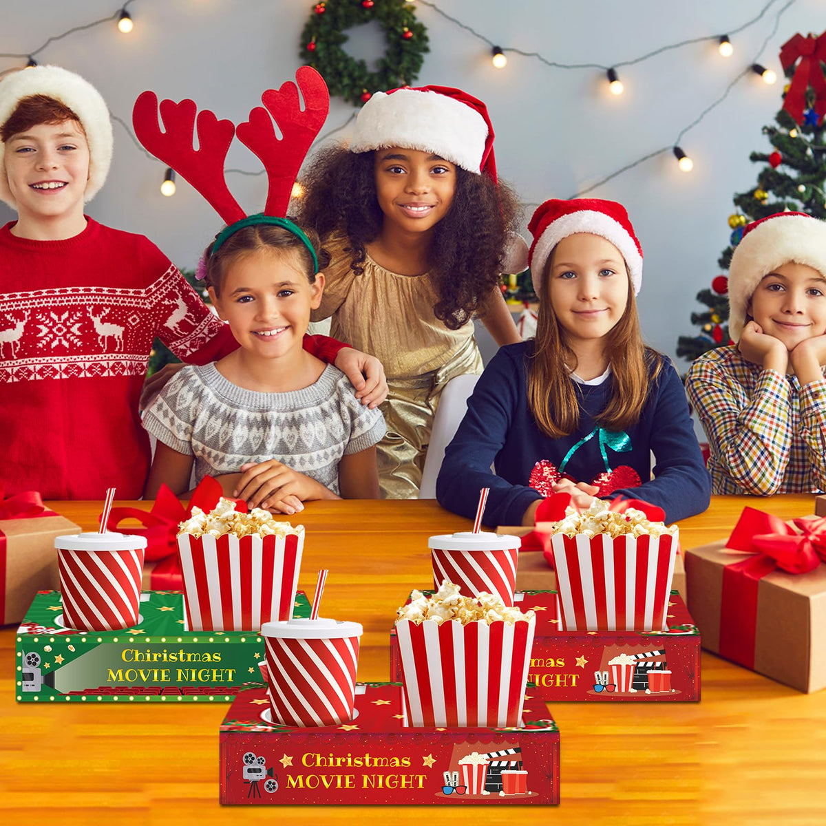 32 Pcs Movie Night Snack Trays Hold Popcorn Candy Food Drink Boxes Merry Christmas Movie Night Party Supplies Christmas Popcorn Food Candy Drink Tray for Kid's Birthday Theater Family Xmas Party Decor