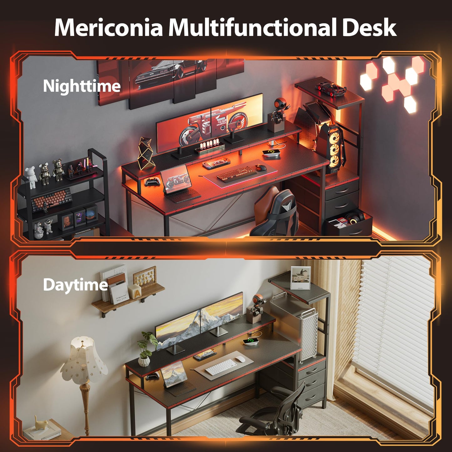 Mericonia 60 inch Gaming Desk with LED Lights & Power Outlets, Reversible Computer Desk with Storage Drawers & Monitor Stand, Large Gaming Table for Home Office