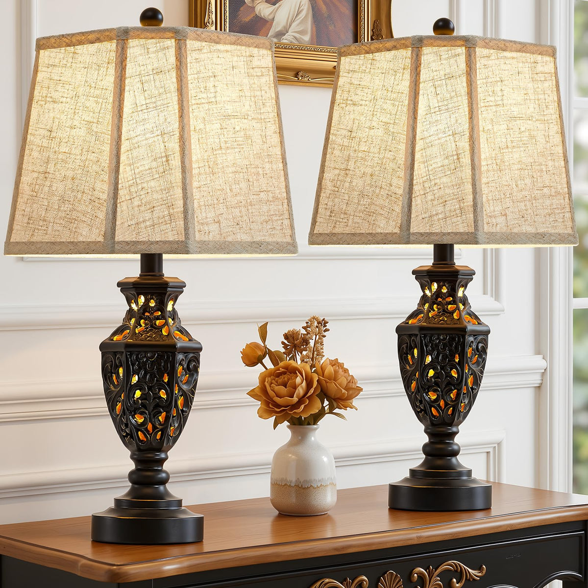 EJIAXIN Lamps for Night Stands Set of 2-23.5" Vintage Bedside Lamp with USB A+C and Nightlight - Black Retro Carved Resin Farmhouse Table Lamp for Bedrooms, End Tables, Living Room, Bulbs Included