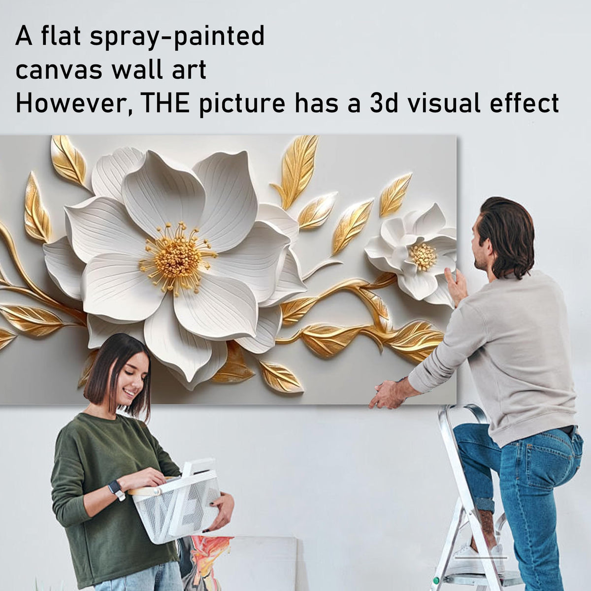 Canvas Wall Art for Living Room Bedroom Office White and Gold Flower Artwork Large Botanical Floral Wall Art Framed Wall Decor Modern Canvas Prints 20x40 In