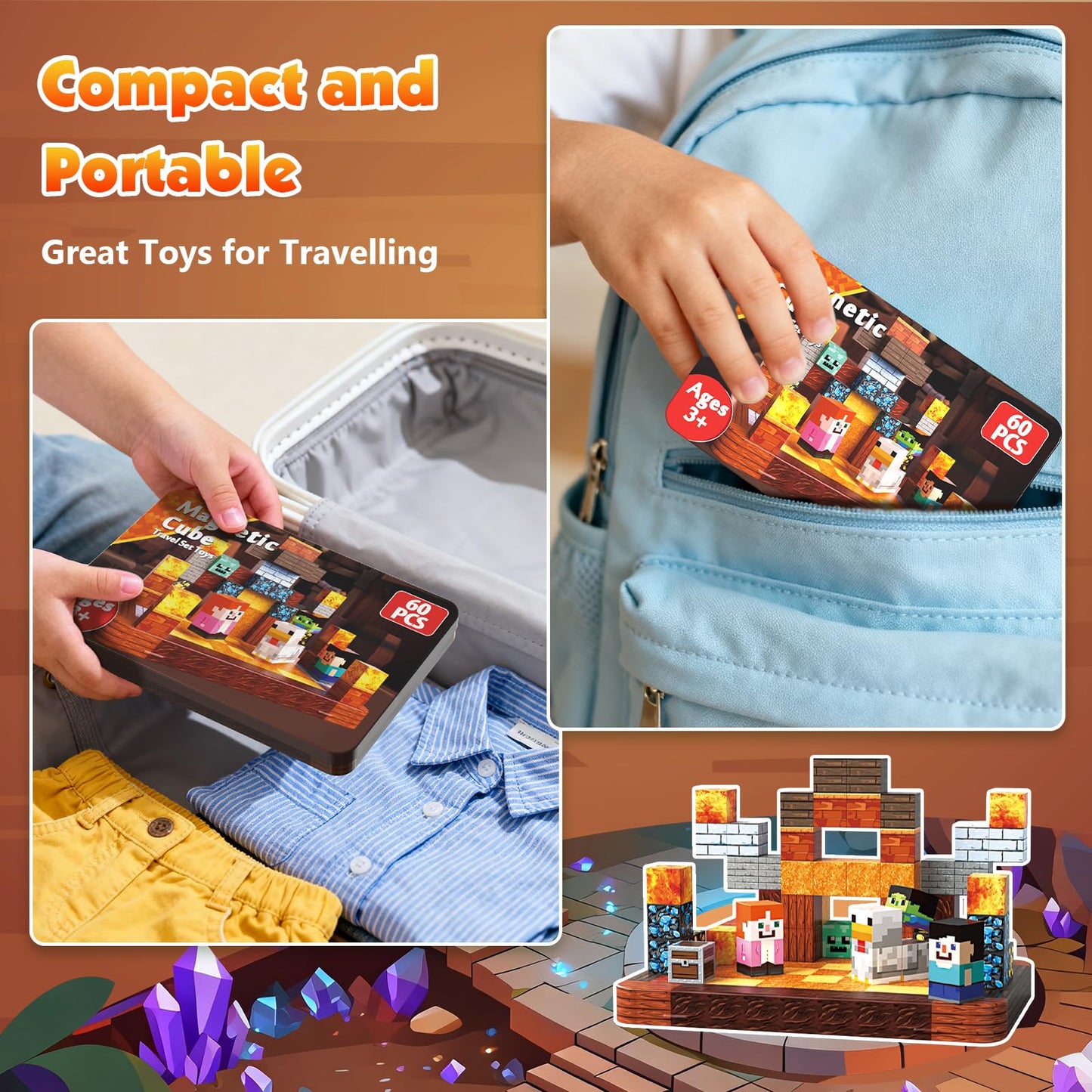 60 PCS Magnetic Blocks with Metal Box, 0.8in Mini Magnetic Building Cubes STEM Toys for Kids Ages 3+, Battle Stage Building Set, Educational Travel Toy for Boys and Girls, Christmas Birthday Gifts