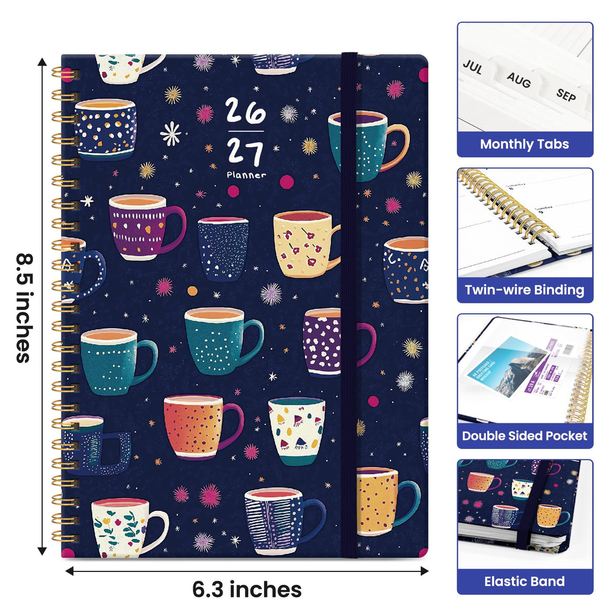 Planner 2026–2027, Weekly & Monthly Academic Organizer for School Year, Jul 2026–Jun 2027, Hardcover Planner with Tabs, Back to School Essential, 6.3" x 8.5", Caffeine Mosaic