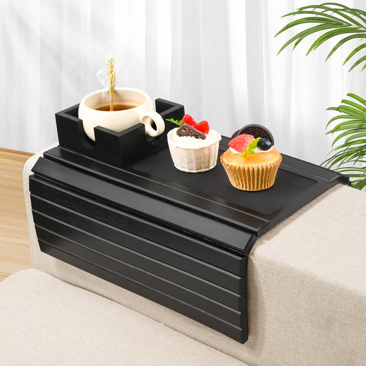 Joy&Grace Sofa Armrest Tray with Large Mug Holder, Bamboo Couch Arm Tray, Anti-Slip Couch Cup Holder Foldable Sofa Arm Table for Eating Drinks Cellphone (Color Black)