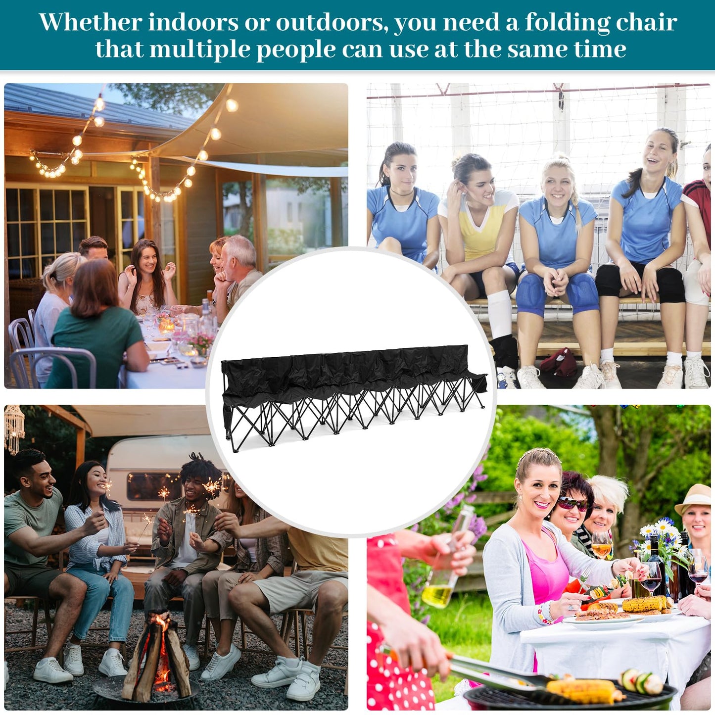 Kigley 9 Seater Folding Soccer Bench Chair Portable Team Sports Sideline Bench for Football Camp Travel Events Outdoor Seating with Storage Bag (Black)
