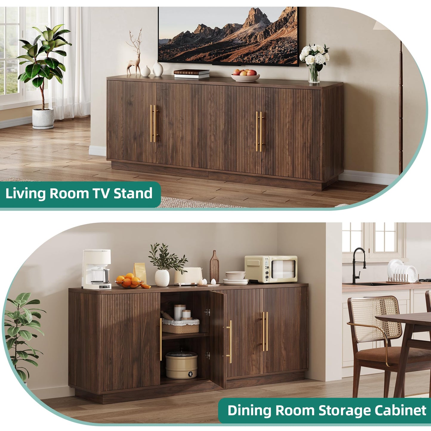 YITAHOME TV Stand for TVs up to 80 Inches, Media Console with 4 Fluted Doors, 70" Entertainment Center with Ample Storage for Living Room(Natural Oak)