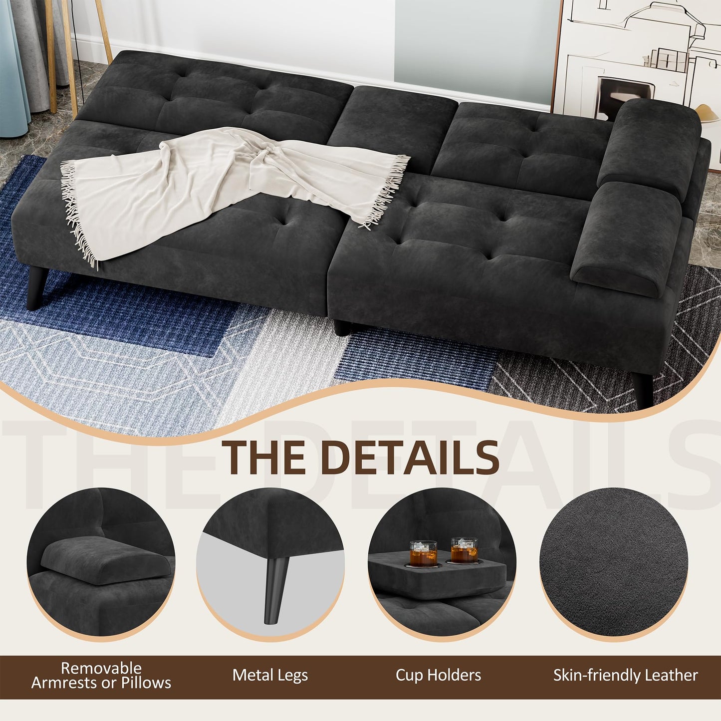 Shintenchi Futon Sofa Bed, Velvet Foldable Couch, Reclining Sleeper with Removable Armrests, Upholstered Loveseat Sofa Couch with Folding Cup Holders for Home, Office, Black