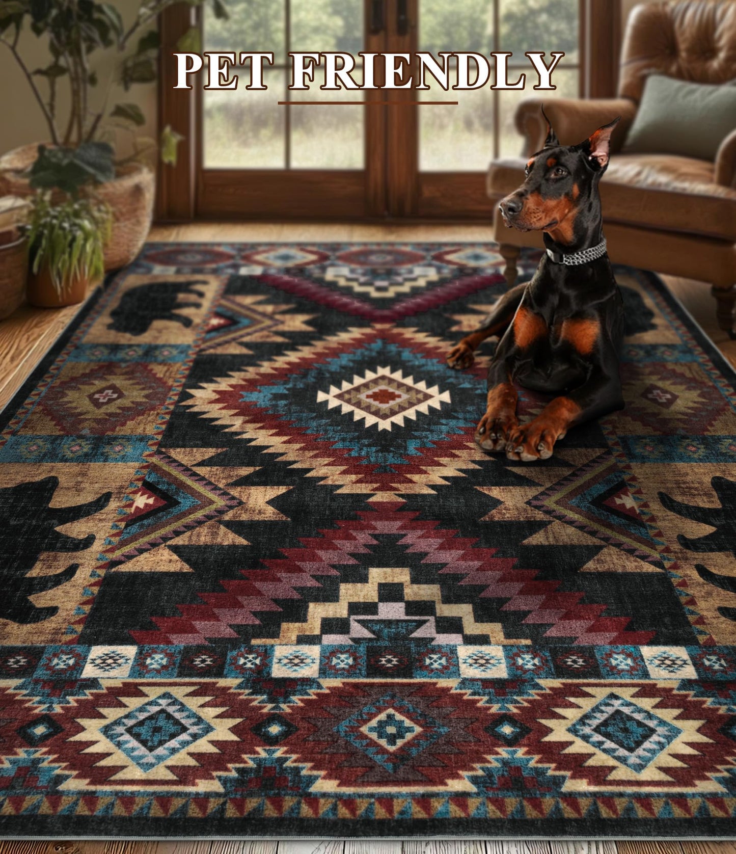 Hallway Runner Rug 2x6 Indoor Door Mat -Western Rug Bear Rustic Cabin Non-Slip Entryway Rug, Low Pile Tribal Print for Kitchen, Bedroom