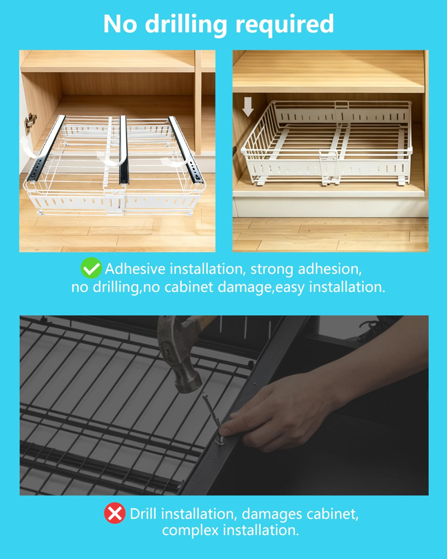 KimHong 2 Pack Pull Out Cabinet Organizer, Expandable Drawer Organizer with Adjustable Width 12.4"-19.5", Adhesive No Drill Under Cabinet Shelves for Home Kitchen Pantry with Silent Slides