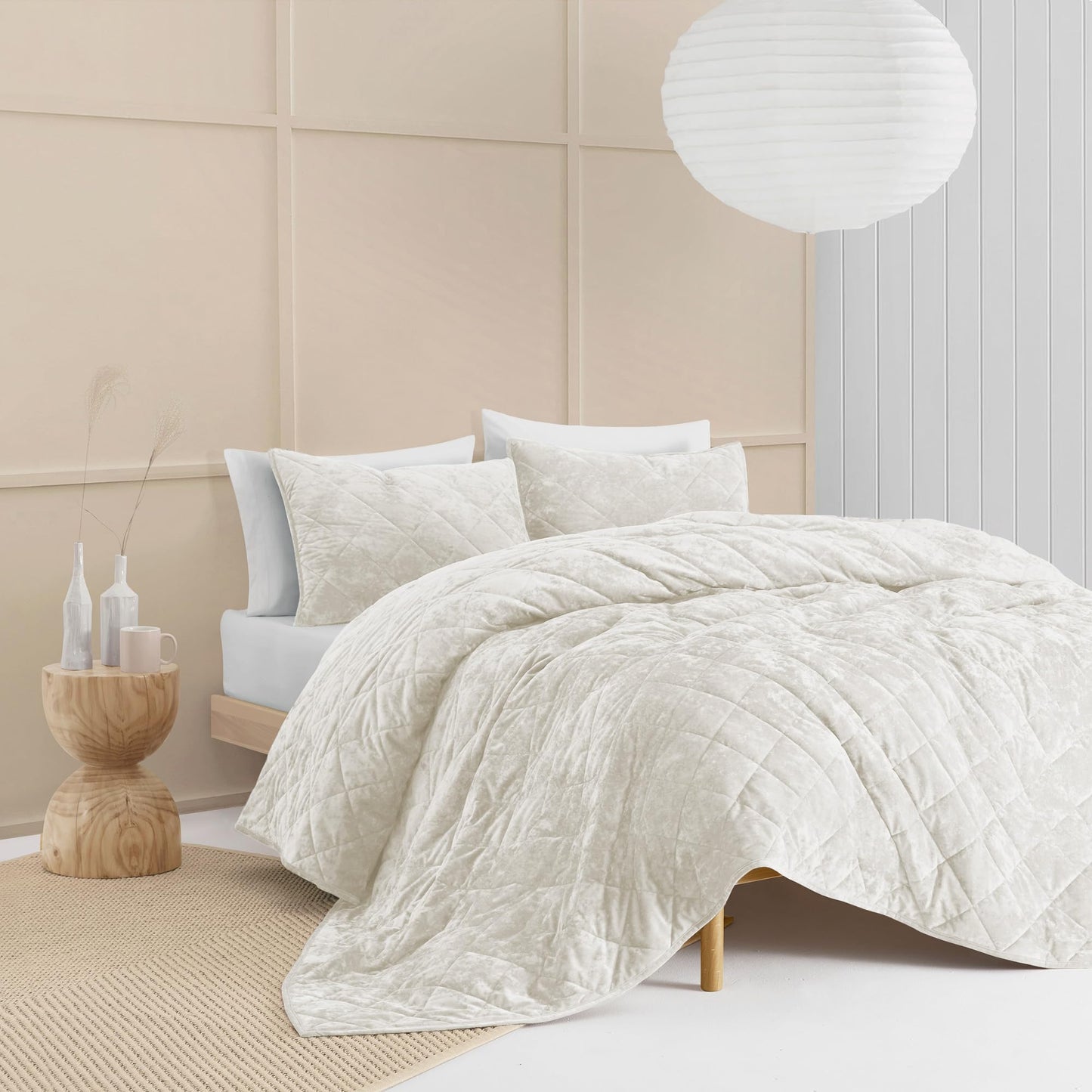 SHALALA Luxury Velvet Quilt Set Queen Size,Ultra Soft Lightweight Summer Velvet Comforter Set, Oversized Bedspread Coverlet with 2 Shams Diamond Pattern,for All Season(Beige,Queen/Full)