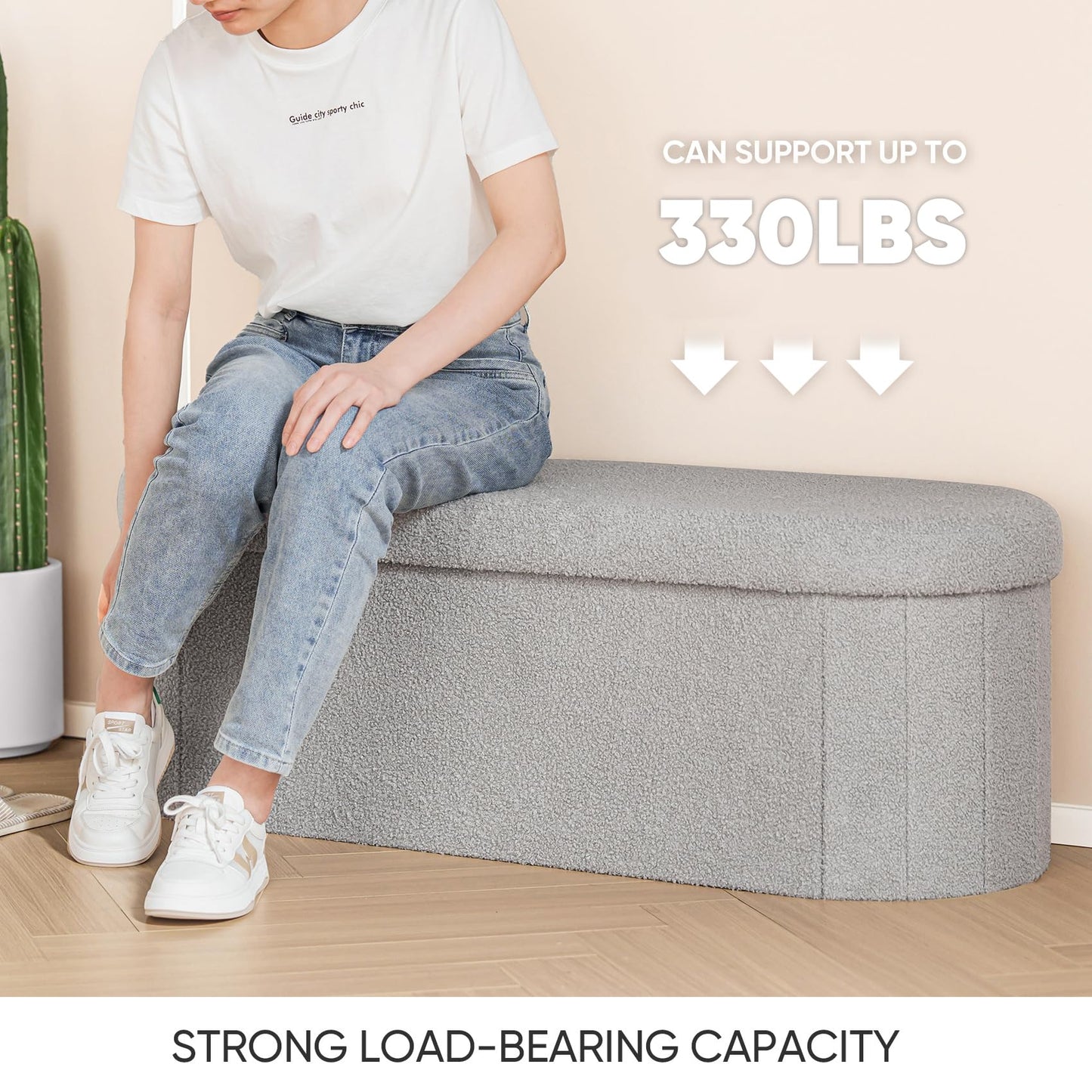 B FSOBEIIALEO Ottoman with Storage for Living Room, Sherpa Folding Storage Ottoman Foot Rest, 43.3 Inches Collapsible Bedroom Bench Grey