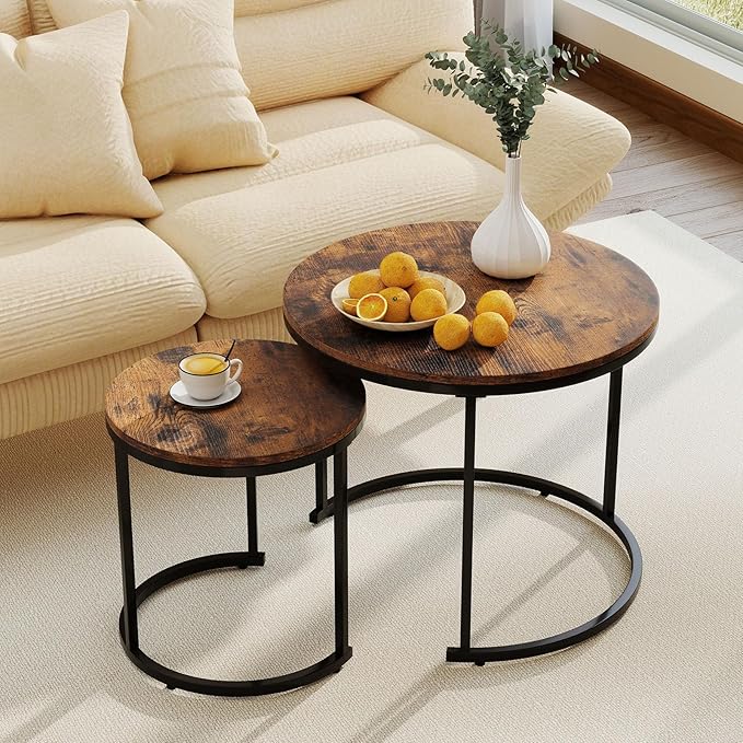 Giantex Nesting Coffee Table Set of 2, Round Stacking Side Tables w/Wooden