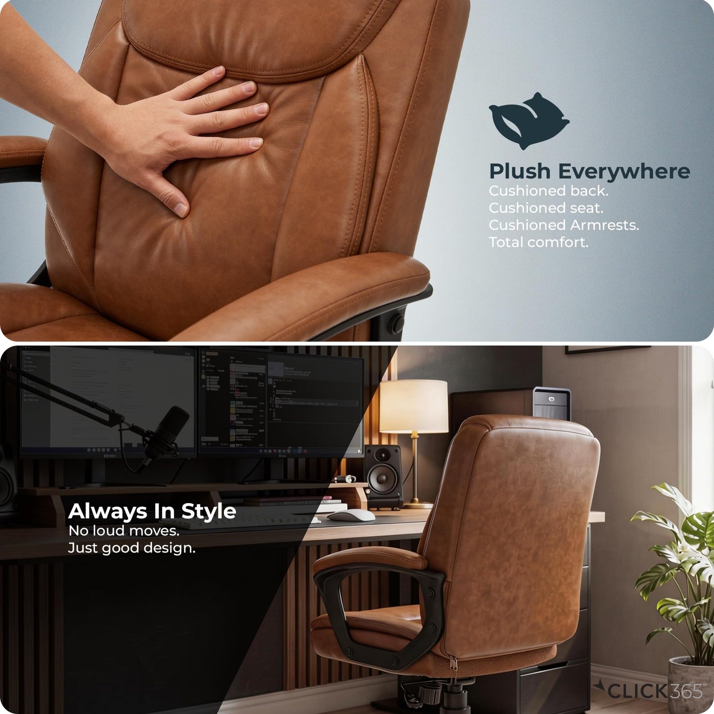 Click365 Transform 1.0 Ergonomic Office Chair, Mid Back Desk Chair with Padded Arms, Lumbar Support, Adjustable Height, Tilt Recline, Swivel Computer Chair, Bonded Leather, Cognac