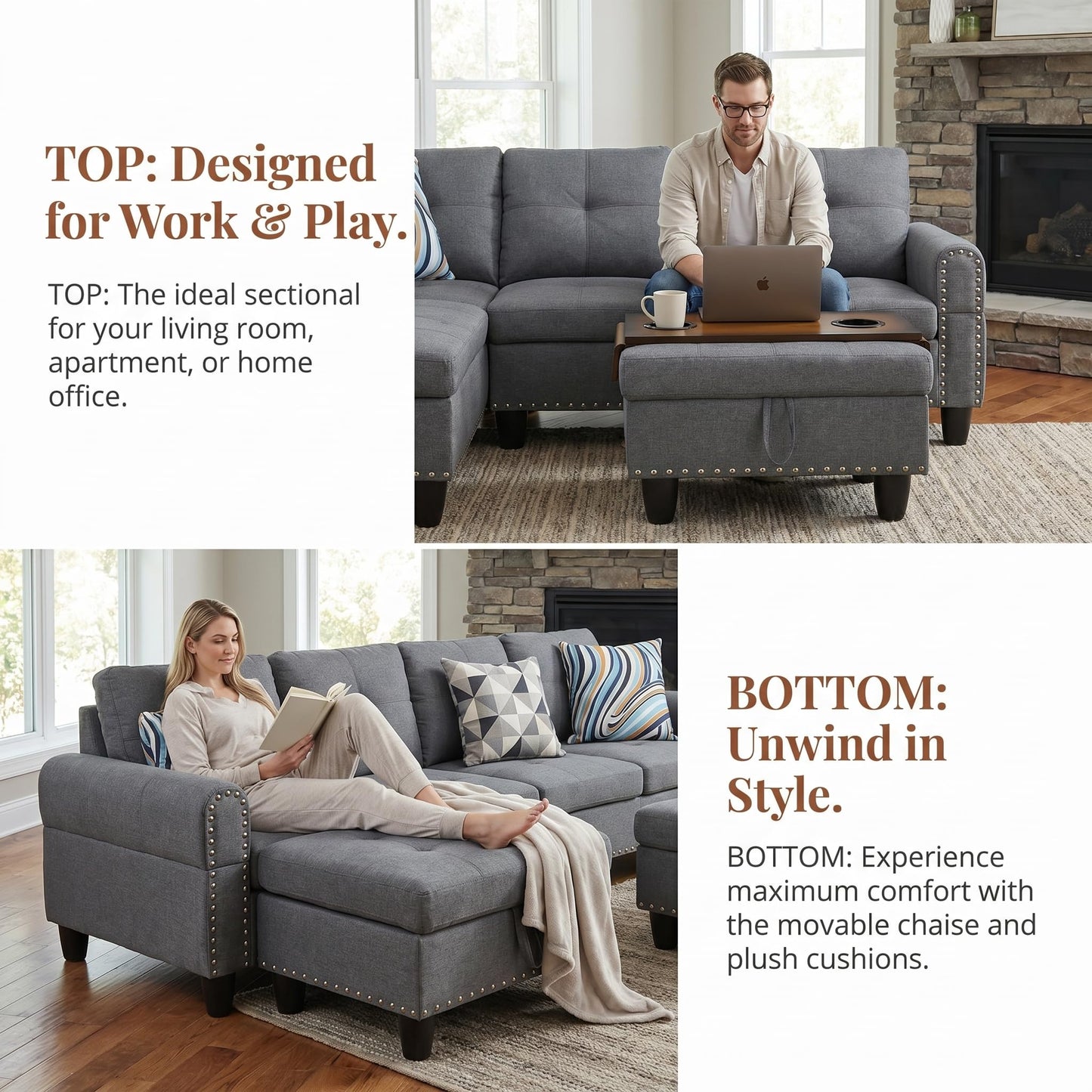 Trygoal 3-Piece L-Shaped Modular Leather Sofa – Convertible Sectional Couch with Movable Chaise & Storage Ottoman, Multi-Scene Use for Living Room, Apartment & Office, Charcoal Gray