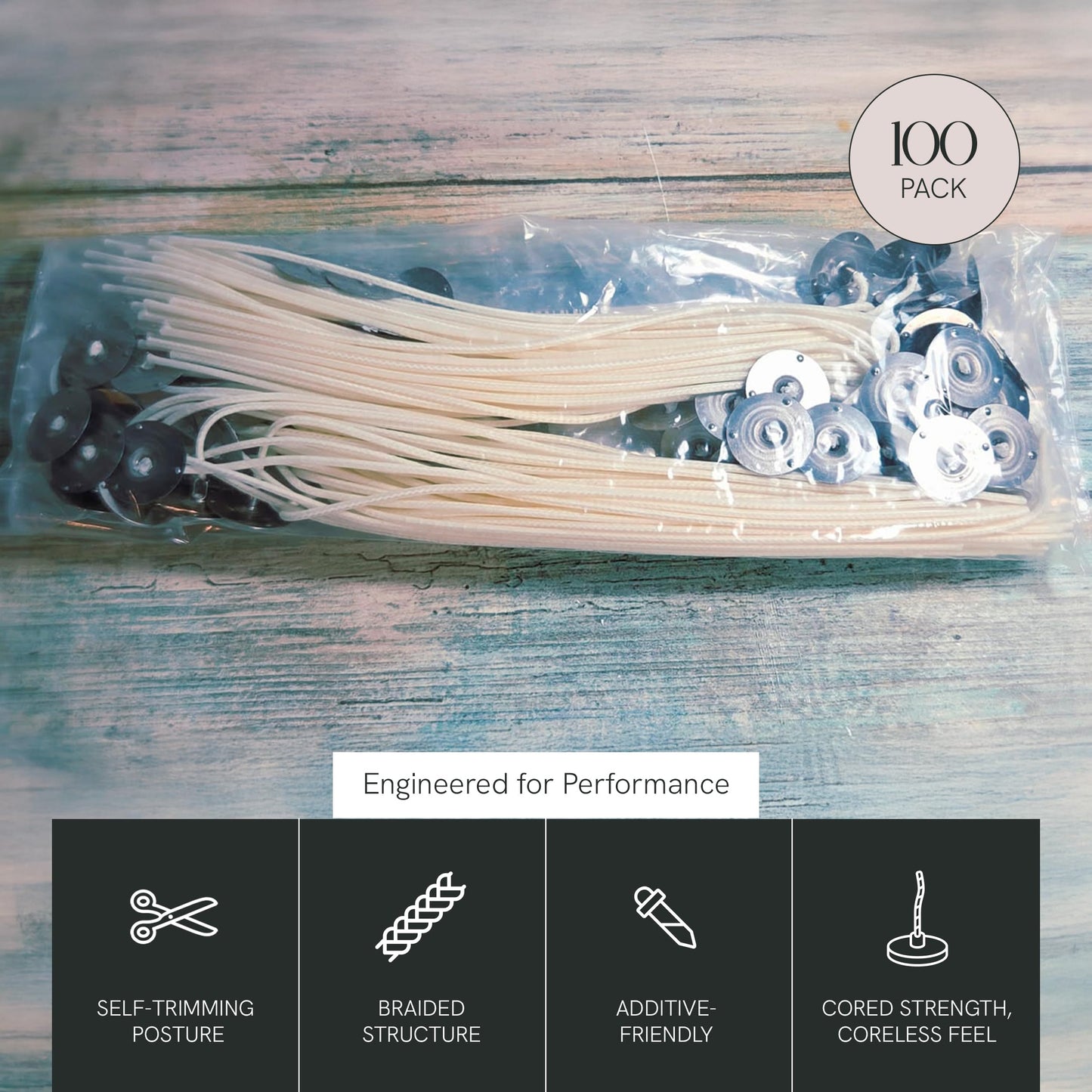 EAP Innovations HTP-104 Candle Making Wicks, Pre-Tabbed, Rigid, Self-Trimming Wicks for Candlemaking, Works with Paraffin, Gel & Vegetable Wax, 6" Length, Pack of 100