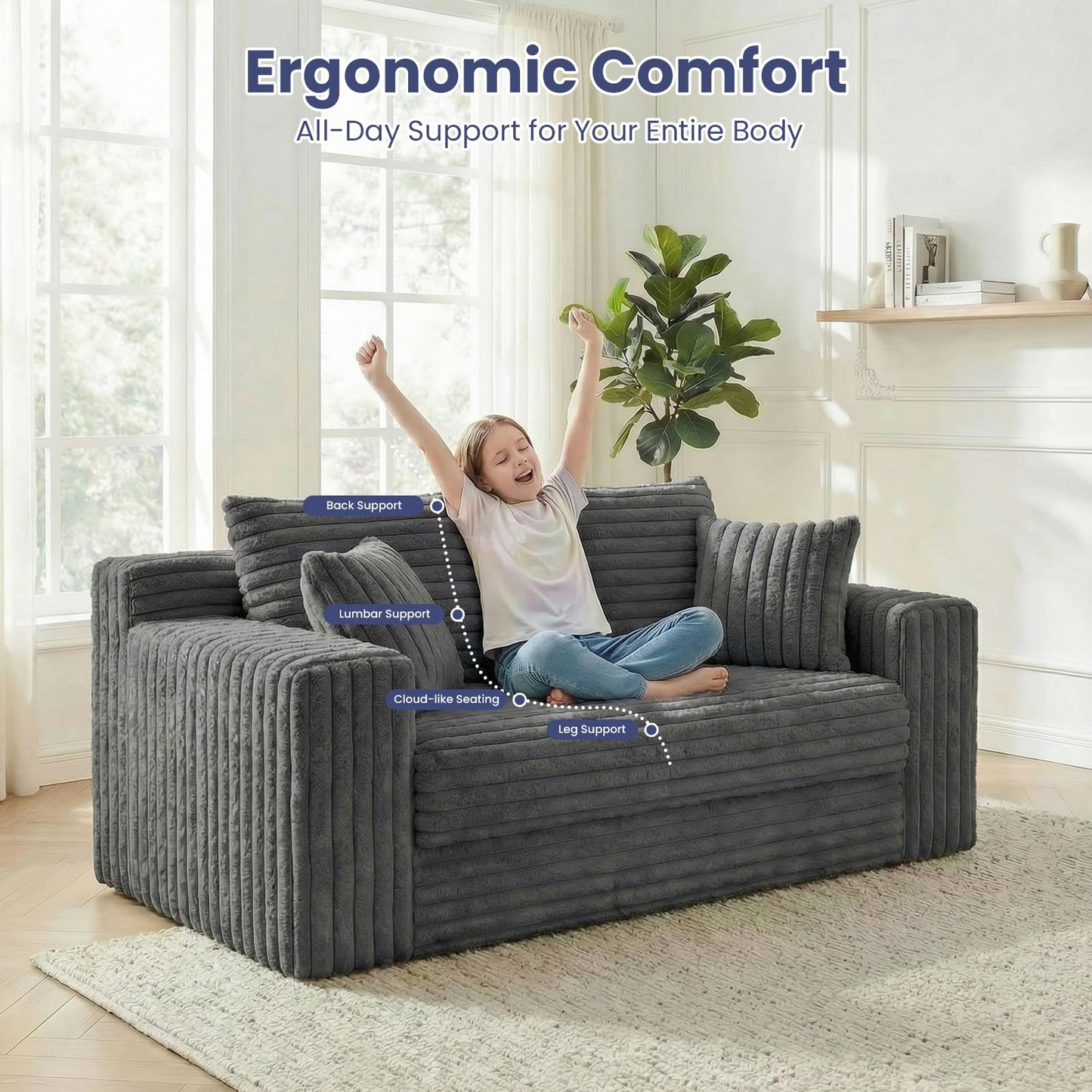 3-in-1 Convertible Sofa Bed: Boneless Loveseat Sleeper & Folding Couch Bed with 4 Pillows & Detachable Cushion, Furry Futon Couch for Bedroom, Apartment, Office and Living Room, No Assembly, Grey