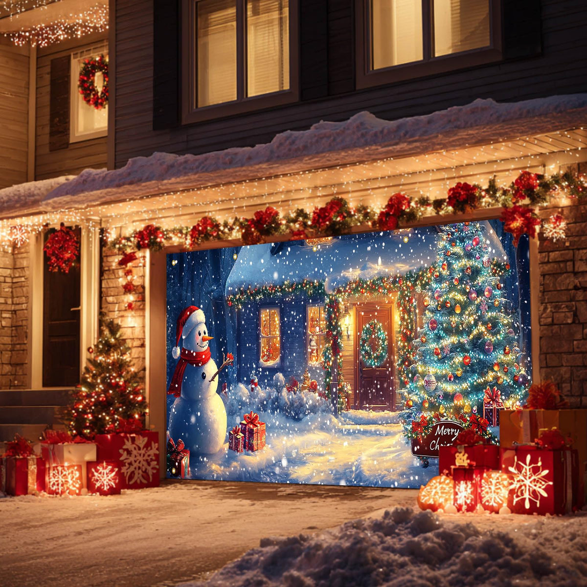HOMETITUTE Christmas Door Banner 13x6ft Snowy Winter Scene Snowman Christmas Tree Gift Boxes Holiday Porch Decoration Seasonal Merry Christmas Front Door Cover Indoor Outdoor