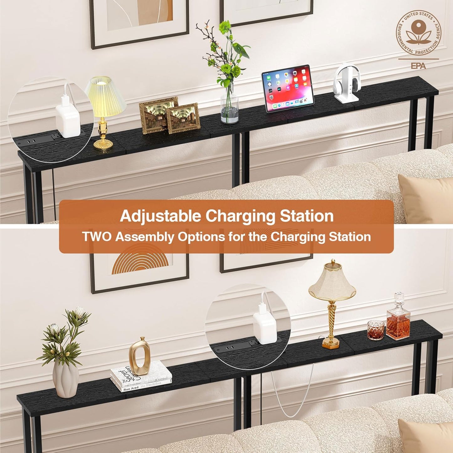 Keelian 63" Sofa Table Narrow Long - 2 Power Outlets & 4 USB Ports, Metal Frame,Behind Couch Table Behind Sofa for Living Room, Hallway, Entrance- Easy Assembly, 4.9' Extension Cord Included.