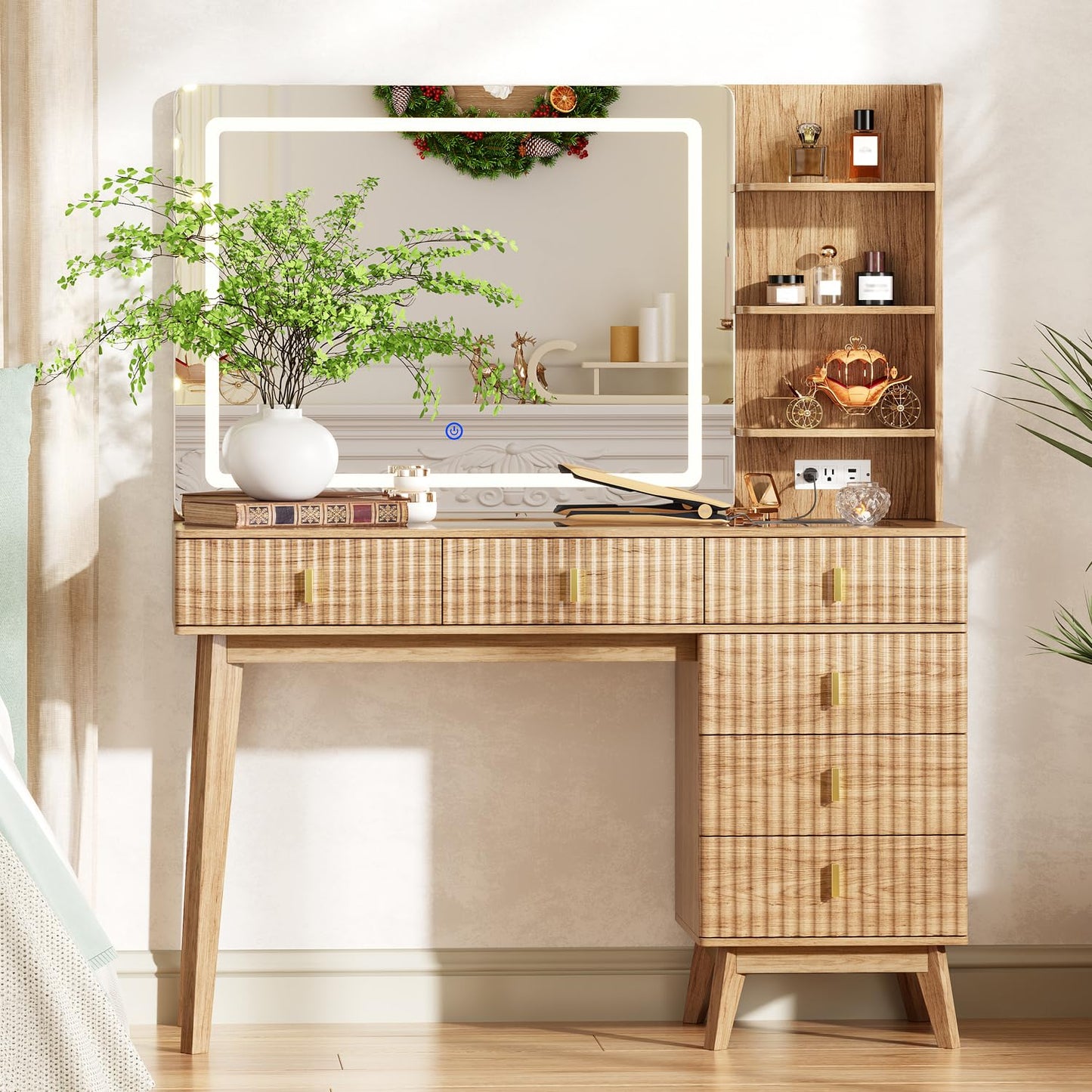 Large Makeup Vanity Desk with Mirror and Lights, Vanity Desk with 6 Drawers & Storage Shelves, Vanity Table with Power Outlet, 3 Color Modes & Adjustable Brightness Dressing Table, Bedroom,Wood