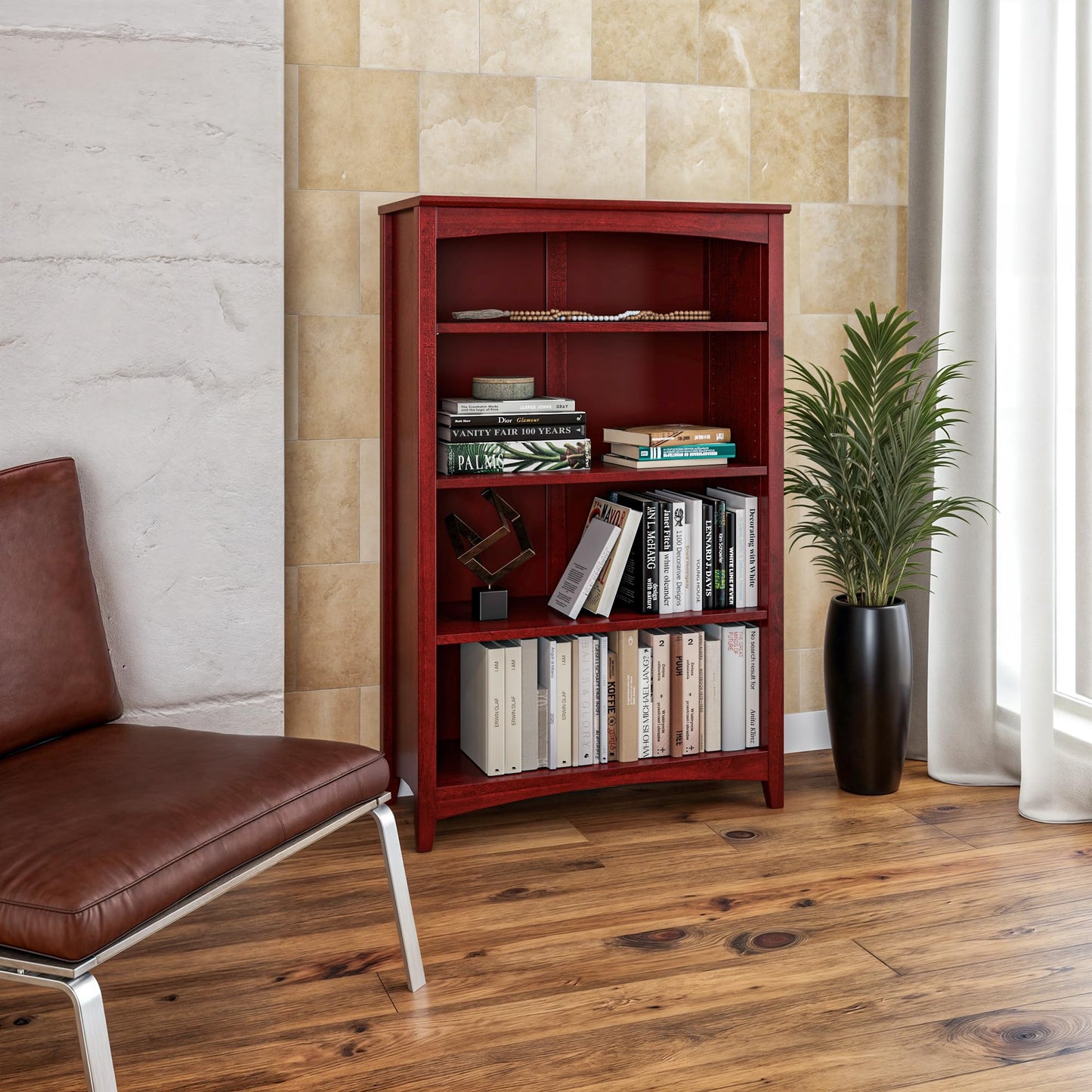 Camaflexi Shaker Style 4 Shelf Bookcase/Solid Wood / 48" High/Adjustable Shelving/Closed Back/Display Bookshelf for Living Room, Bedroom, Home and Office, Red Garnet Stain