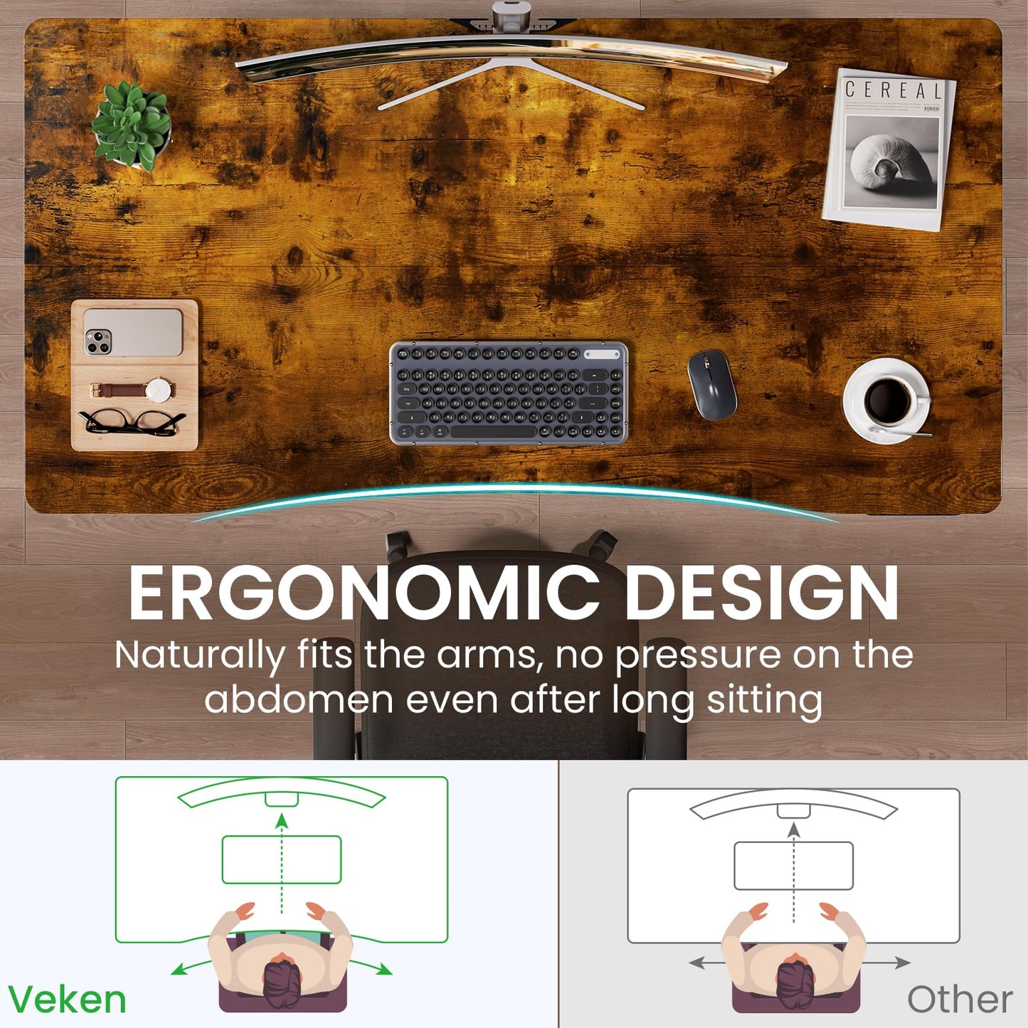Veken 55 x 28 Inch Electric Standing Desk, Sit to Stand Up, Work Home Office Computer Table for Study, Walking Pad, Writing, and Games, Wooden Desktop Desks, Brown